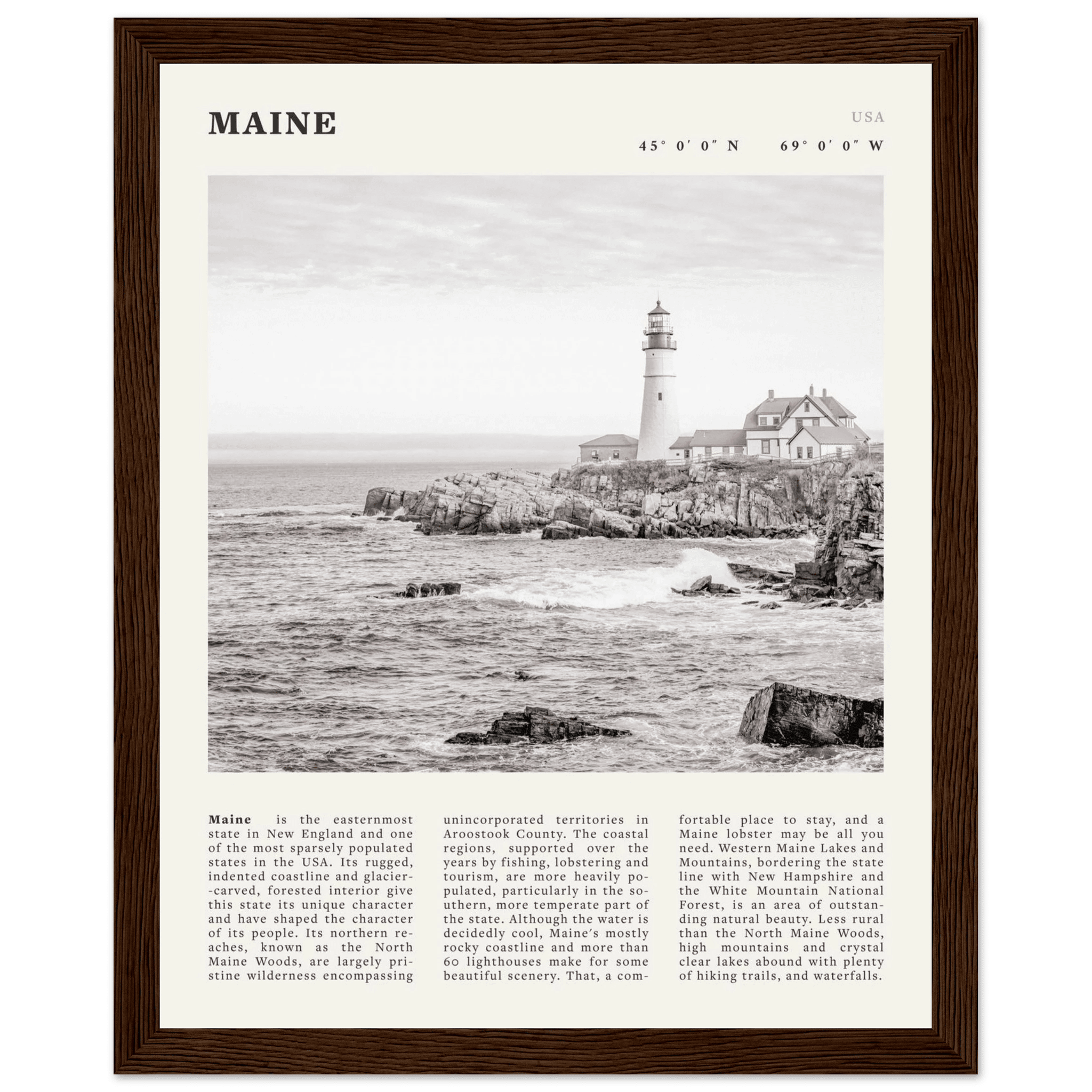 Maine Poster | Black & White Lighthouse Wall Art | New England Coastal Travel Print - Evergreen Posters