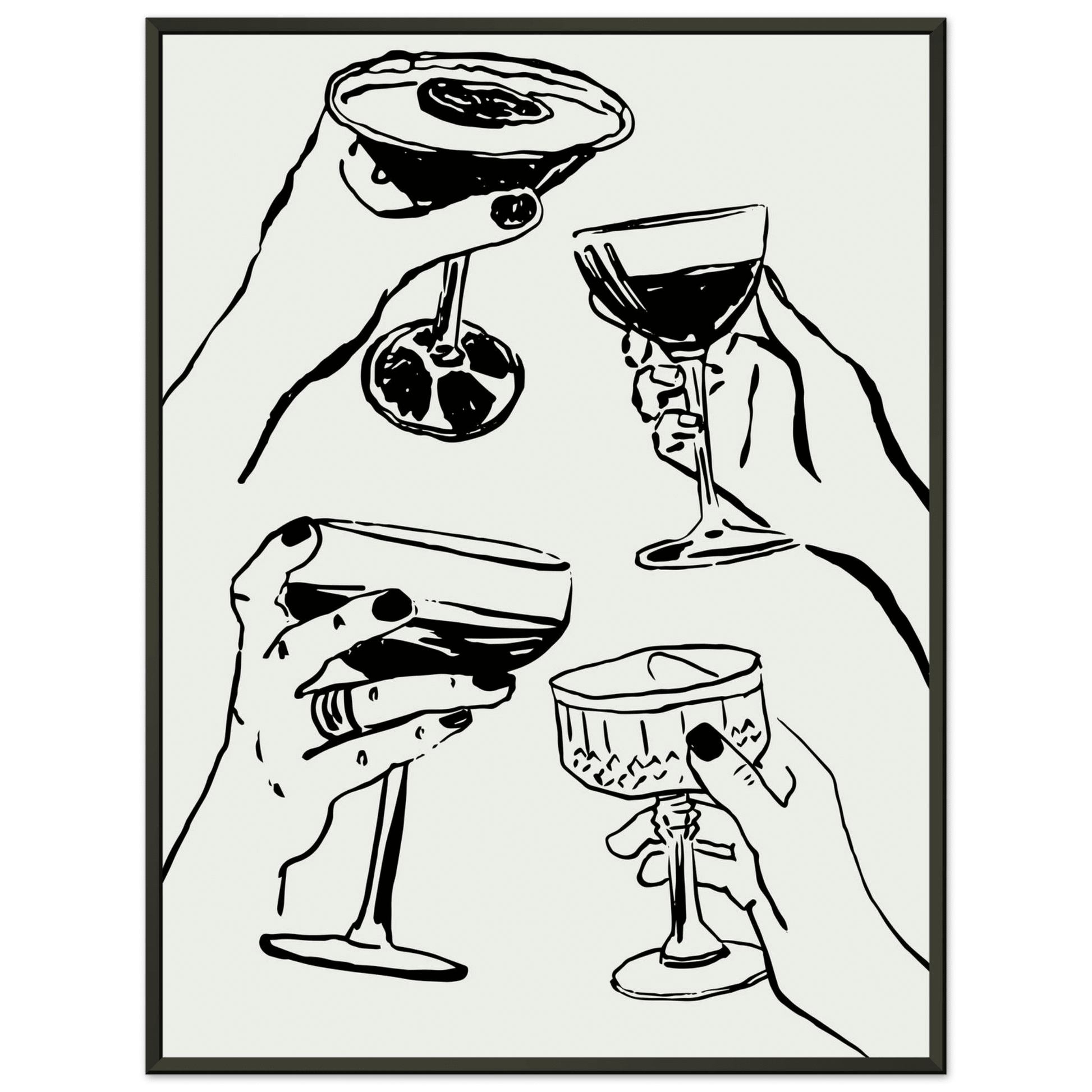 Cheers Print | Black Line Art Cocktail Glasses Wall Art | Kitchen Bar Poster - Evergreen Posters
