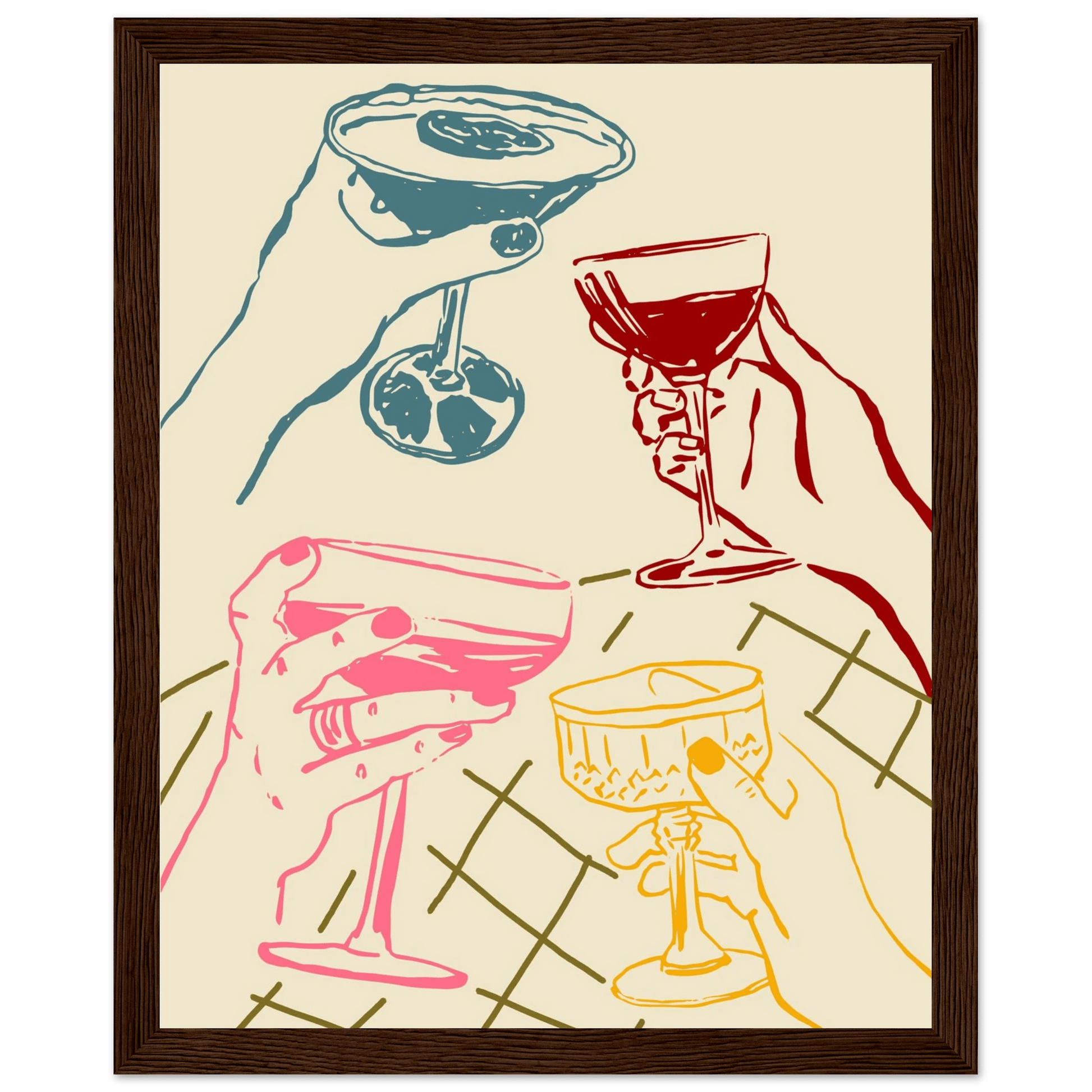 Cheers Print | Colourful Cocktail Glasses Wall Art | Kitchen Bar Poster - Evergreen Posters