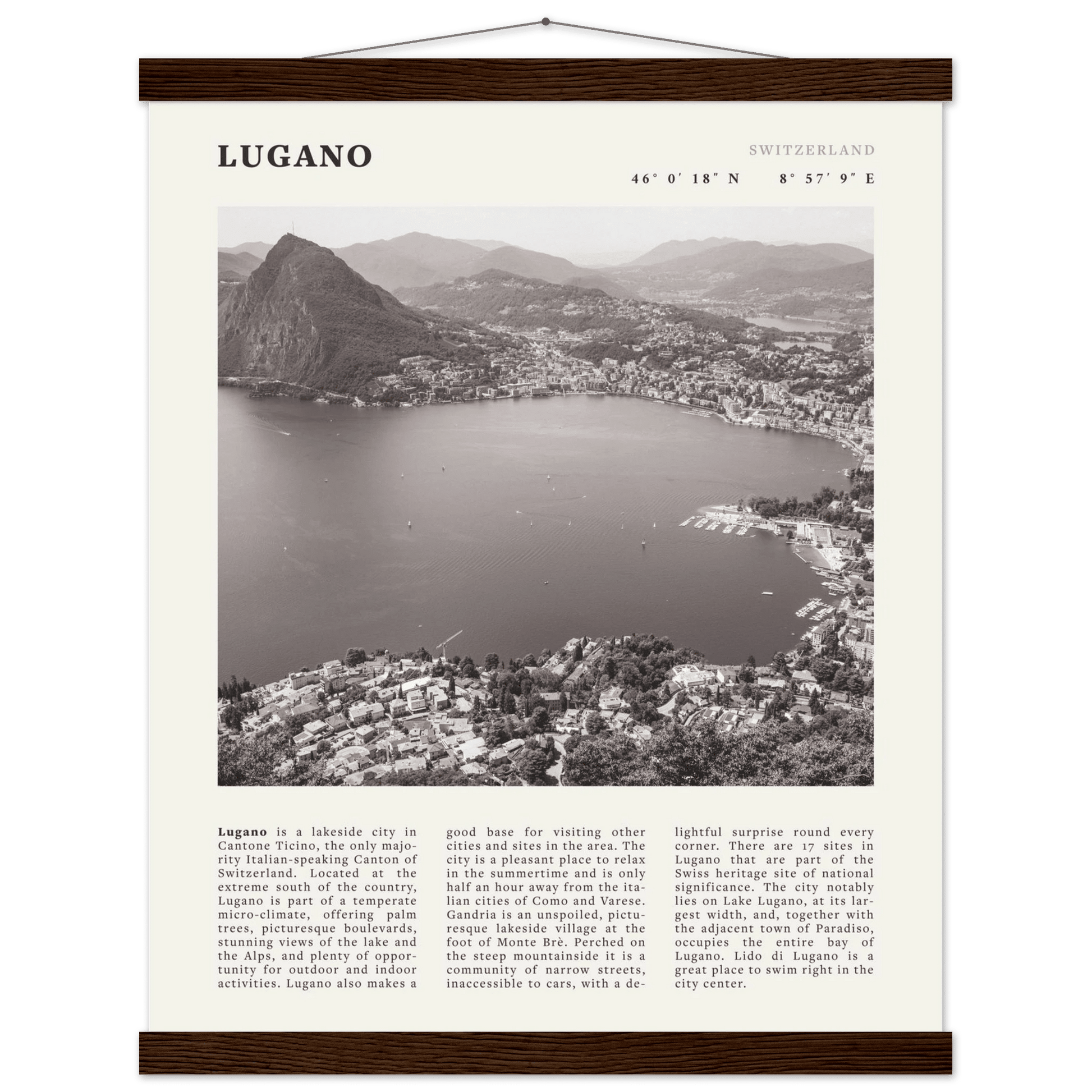 Lugano Poster | Black & White Swiss Lake Wall Art | Switzerland Travel Print - Evergreen Posters