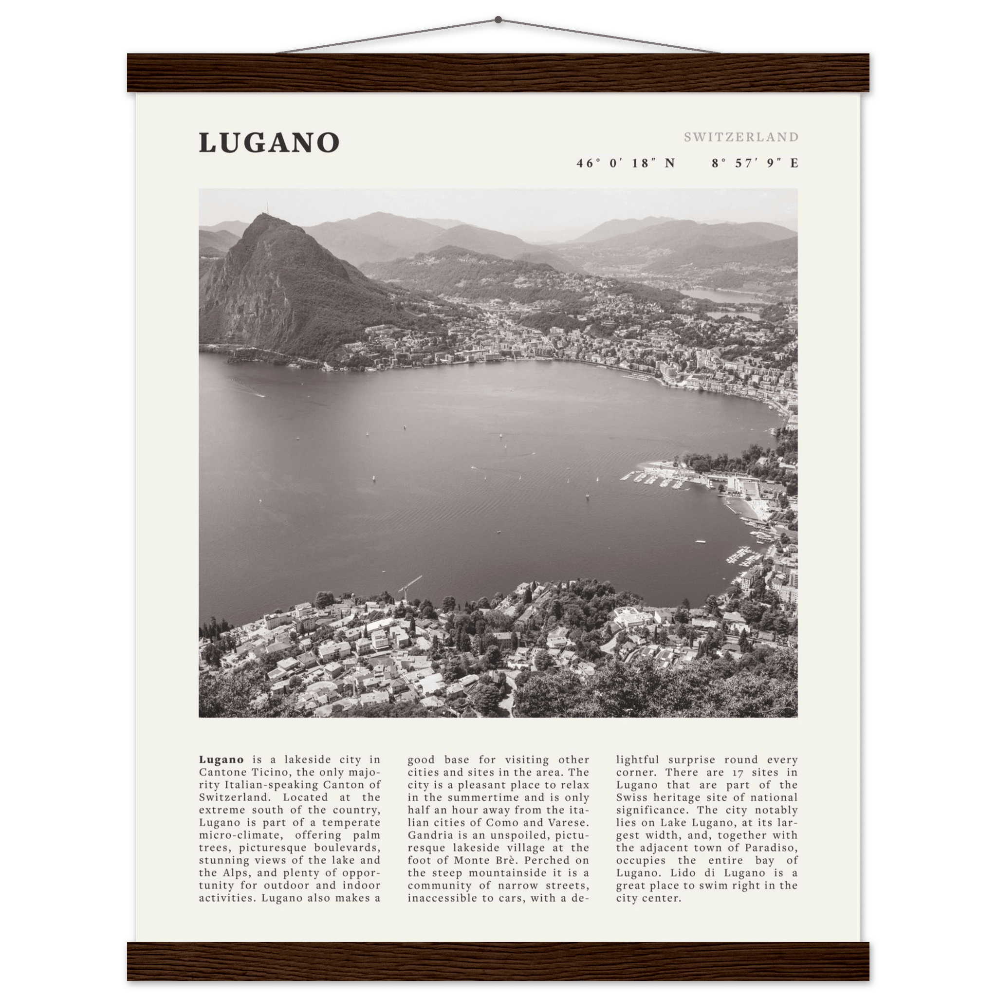 Lugano Poster | Black & White Swiss Lake Wall Art | Switzerland Travel Print - Evergreen Posters