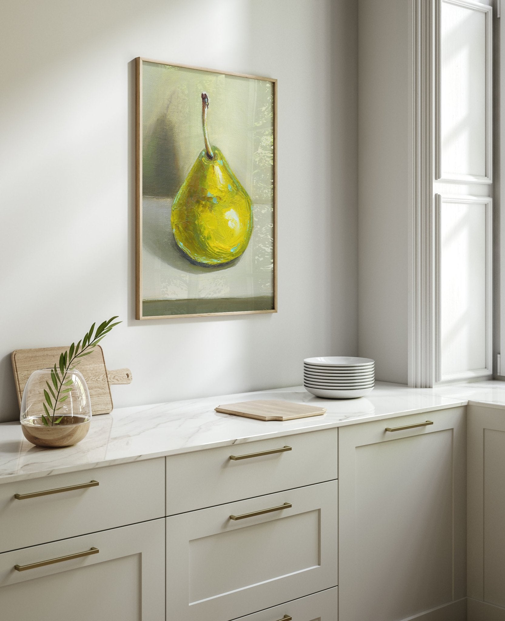 Pear Print | Green Pear Oil Painting Wall Art | Kitchen Poster - Evergreen Posters