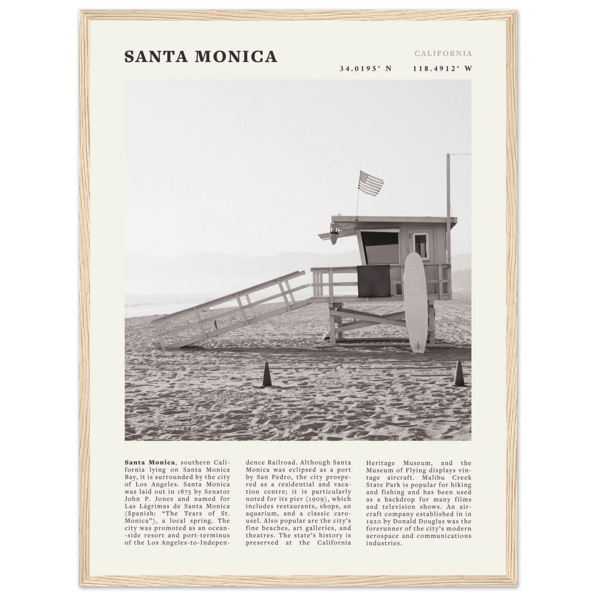 Santa Monica Poster | Black & White California Wall Art | Beach Travel Print | Coastal Decor - Evergreen Posters