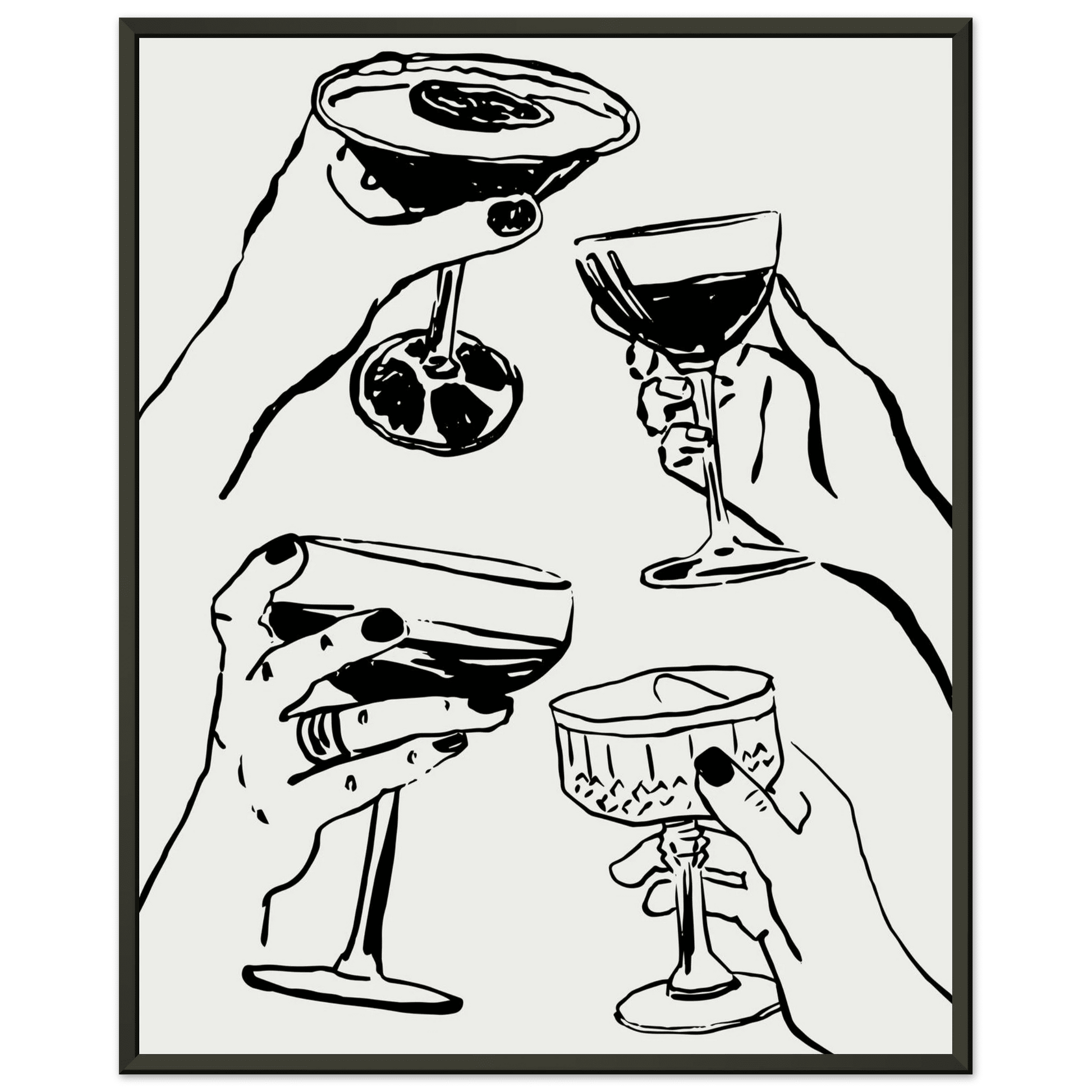 Cheers Print | Black Line Art Cocktail Glasses Wall Art | Kitchen Bar Poster - Evergreen Posters