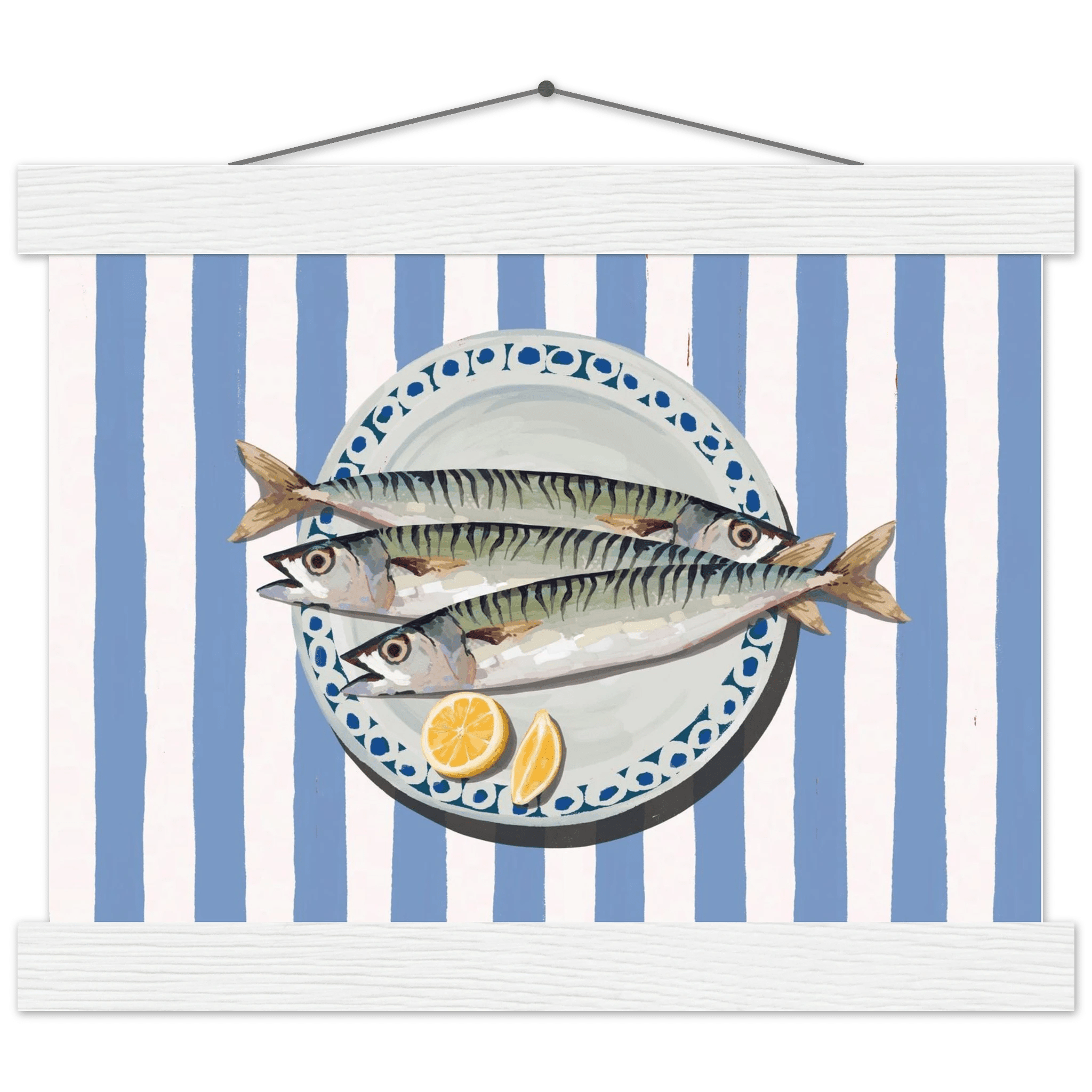 Sardines Print | Blue Stripe Fish Kitchen Wall Art | Coastal Food Poster - Evergreen Posters