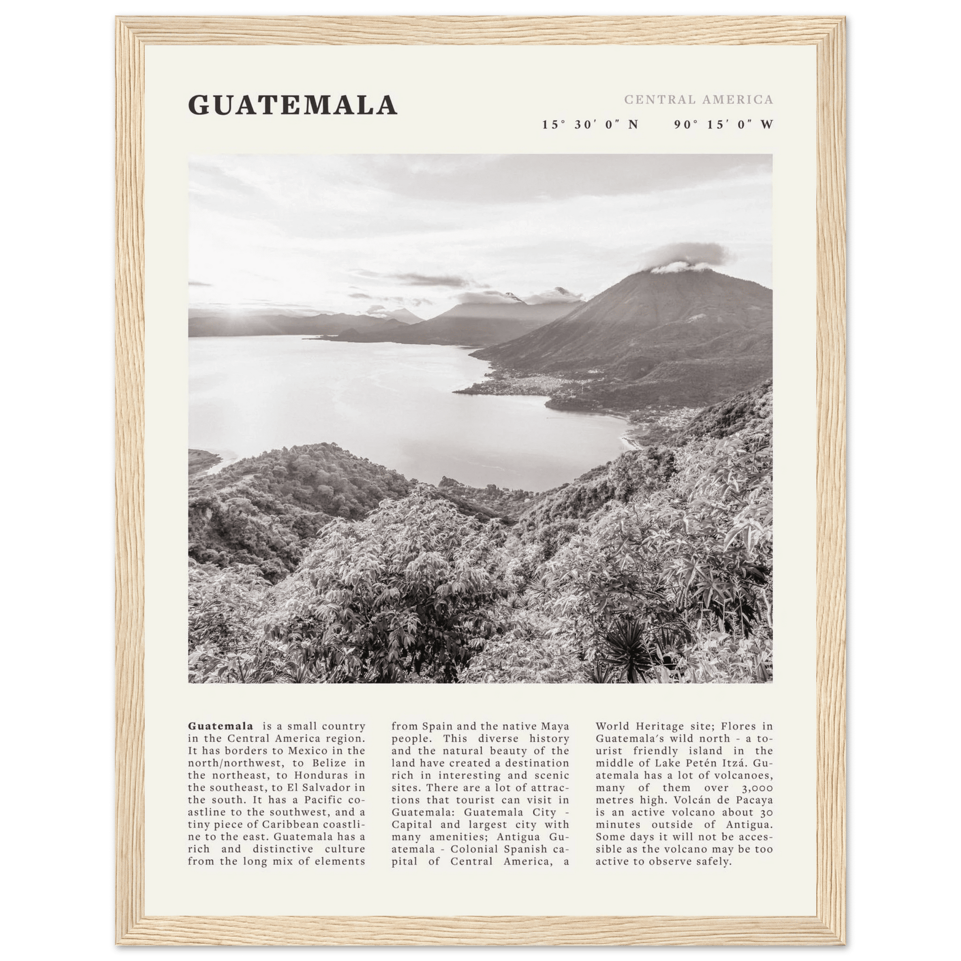 Guatemala Poster | Black & White Lake Atitlan Wall Art | Central America Travel Print - Evergreen Posters
