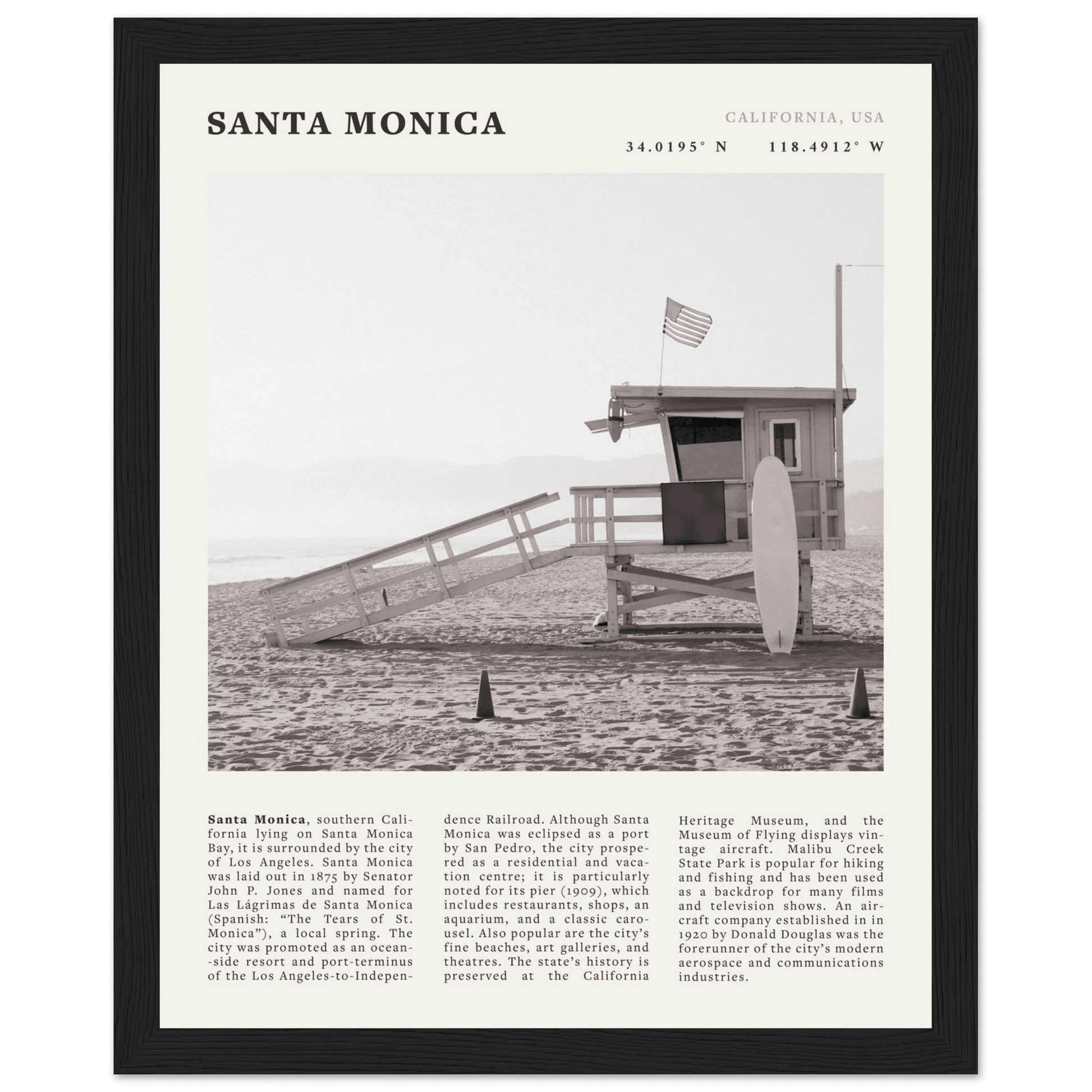 Santa Monica Poster | Black & White California Wall Art | Beach Travel Print | Coastal Decor - Evergreen Posters