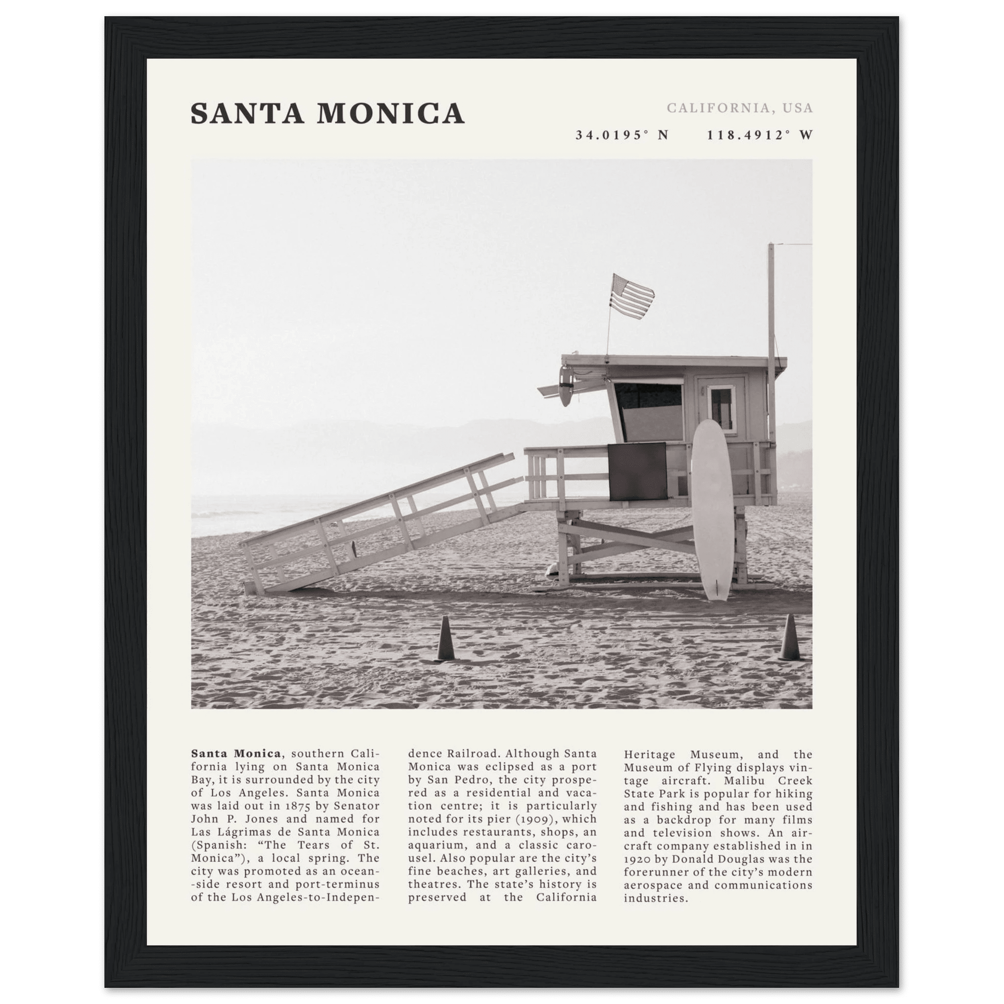 Santa Monica Poster | Black & White California Wall Art | Beach Travel Print | Coastal Decor - Evergreen Posters