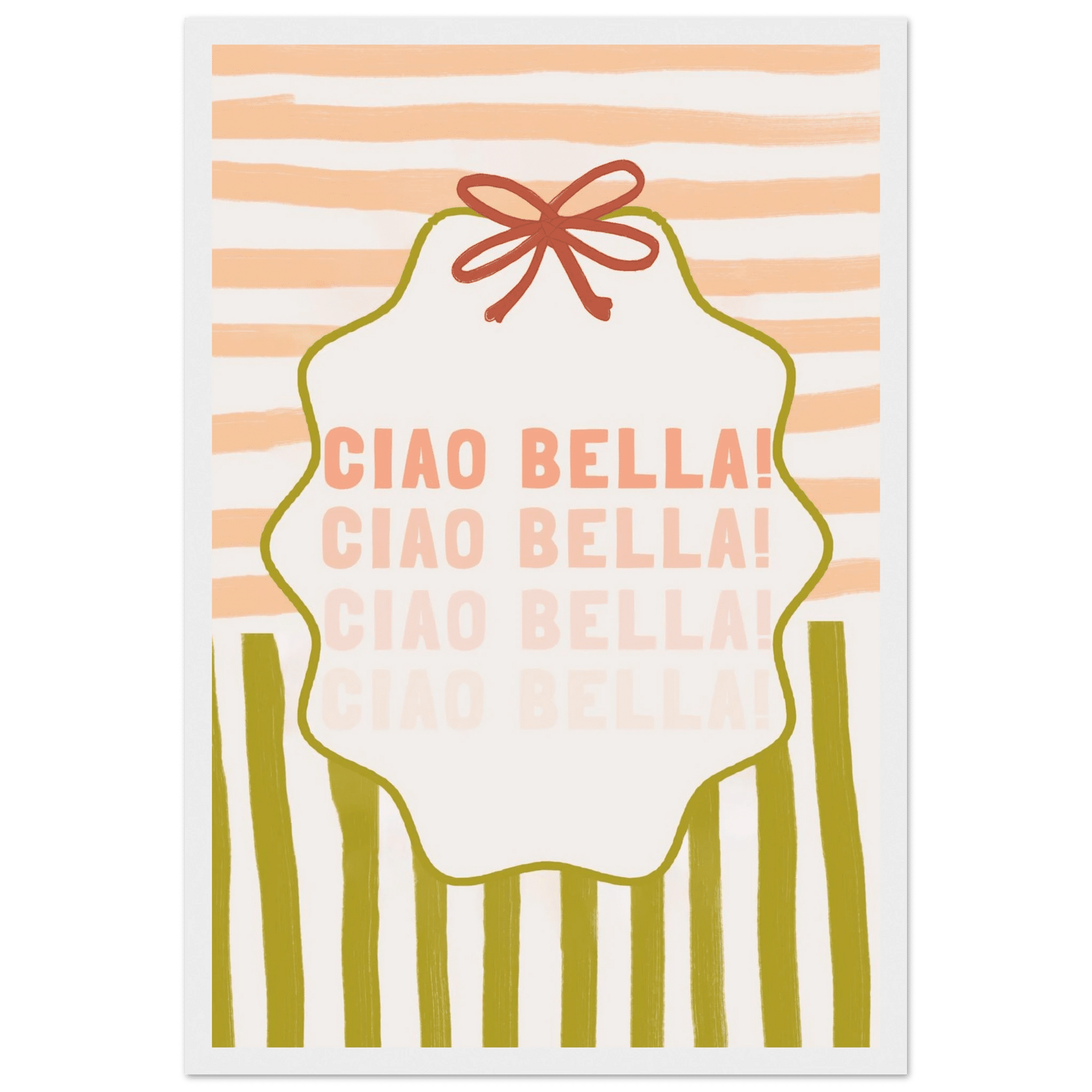 Ciao Bella Poster | Italian Typography Wall Art | Retro Stripe Bow Print | Cute Room Decor - Evergreen Posters