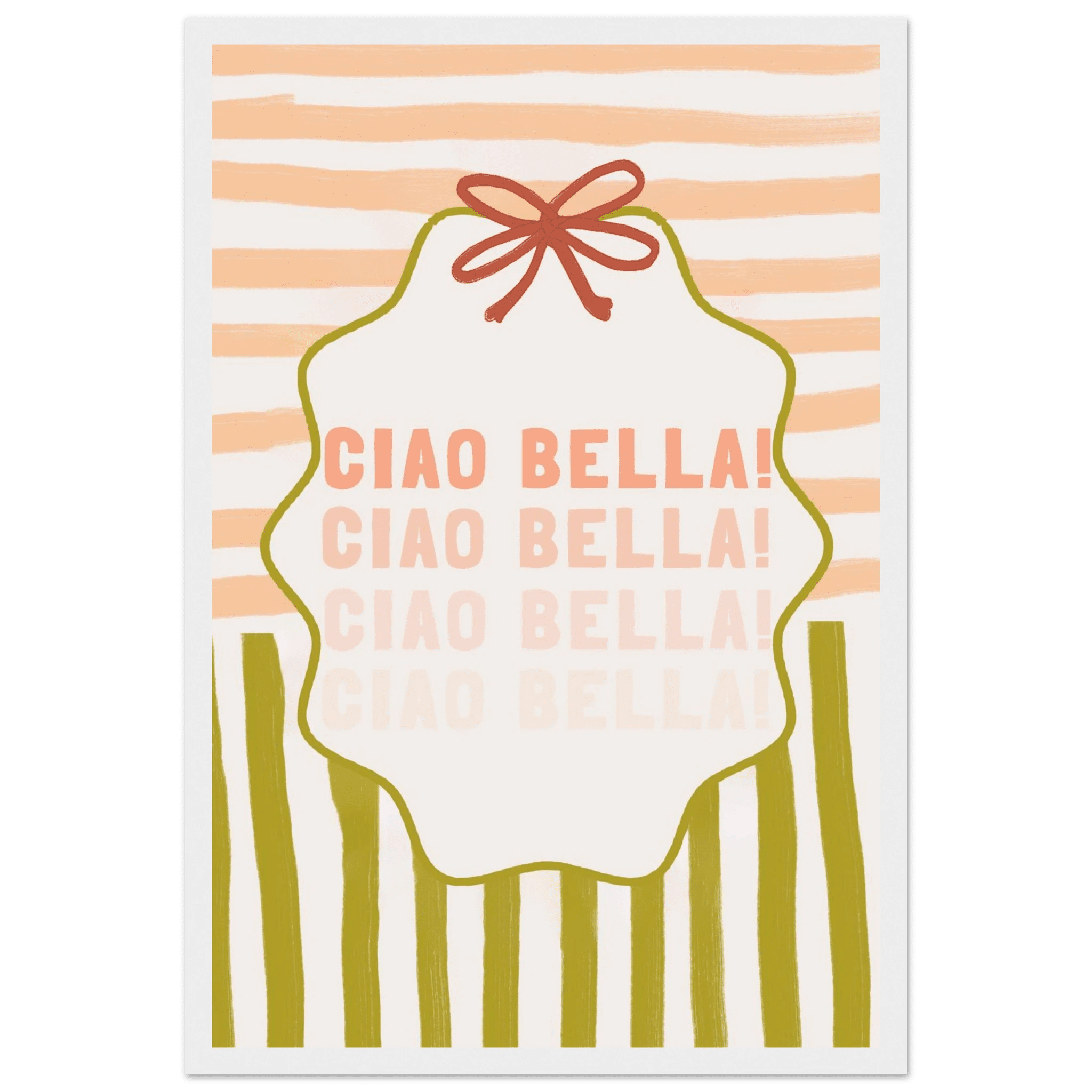 Ciao Bella Poster | Italian Typography Wall Art | Retro Stripe Bow Print | Cute Room Decor - Evergreen Posters