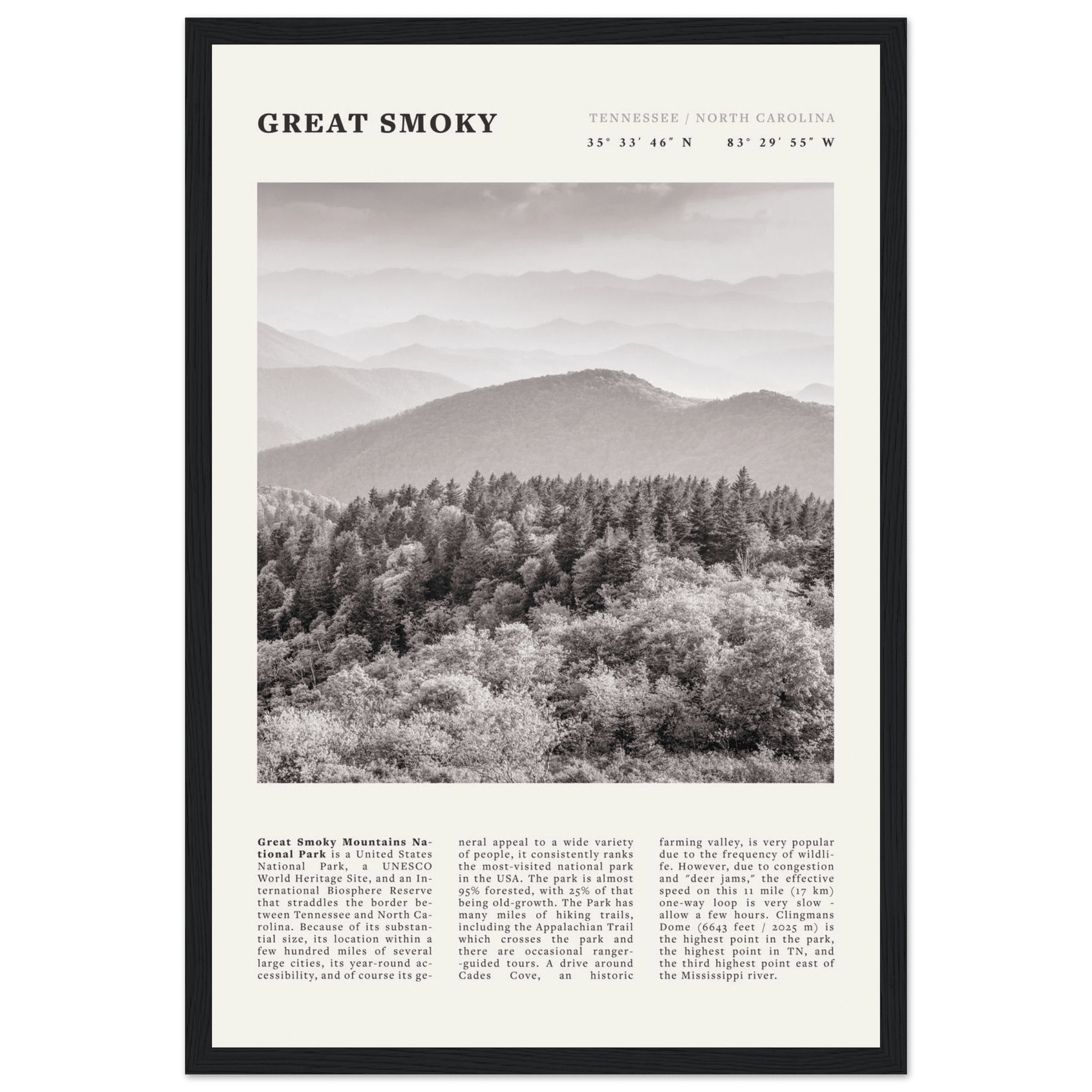 Great Smoky Mountains Poster | Black & White National Park Wall Art | Tennessee Print - Evergreen Posters