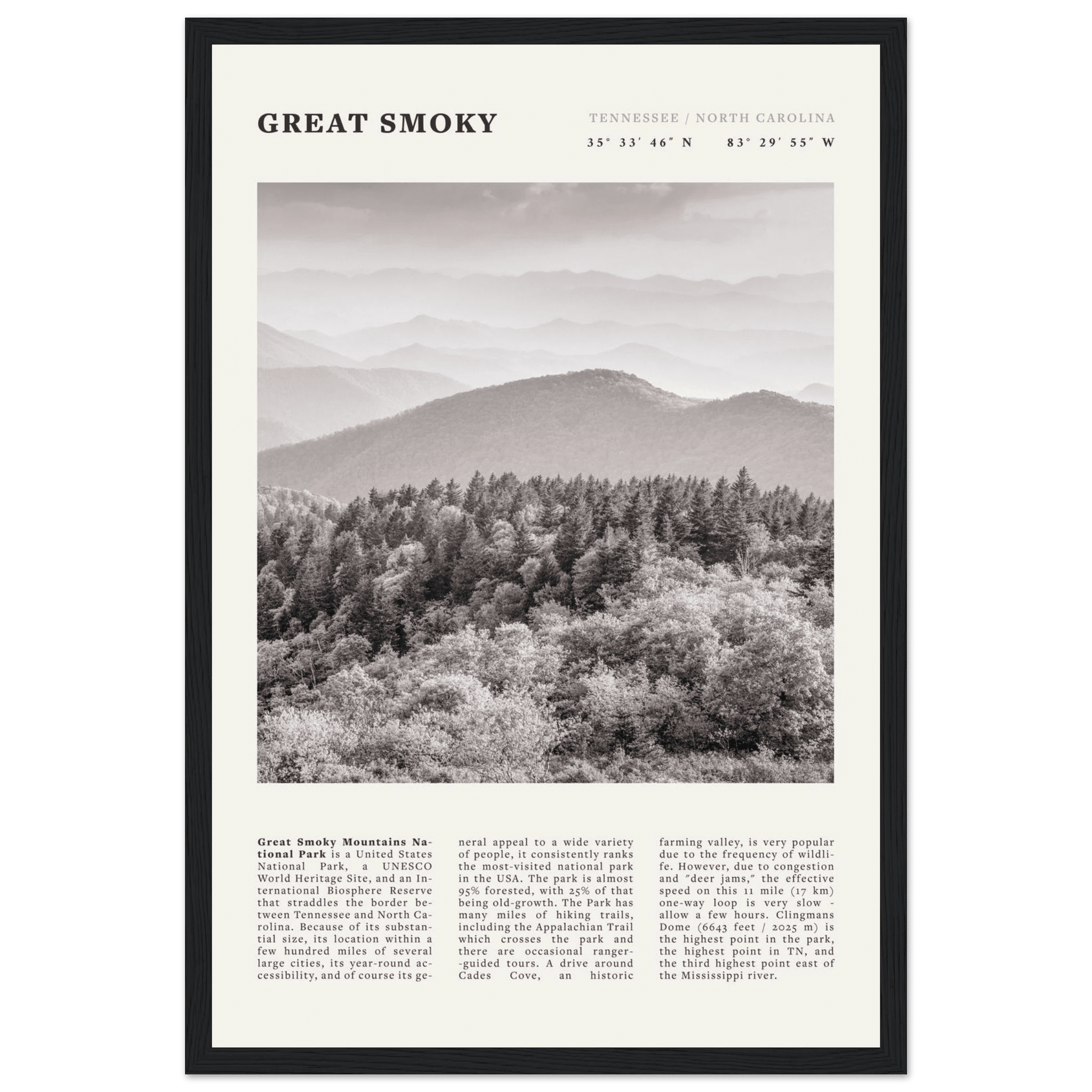 Great Smoky Mountains Poster | Black & White National Park Wall Art | Tennessee Print - Evergreen Posters