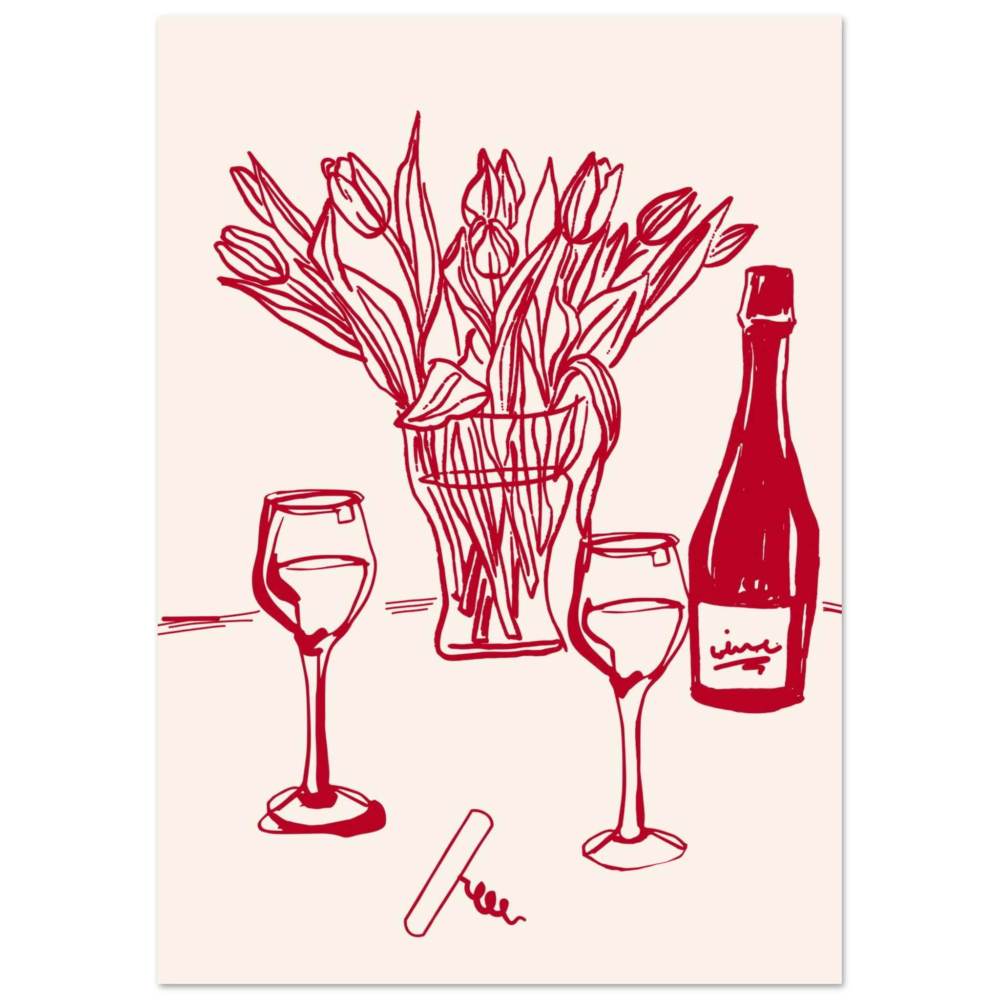 Red Wine & Tulips Print | Line Art Wine Bottle Wall Art | Kitchen Poster - Evergreen Posters