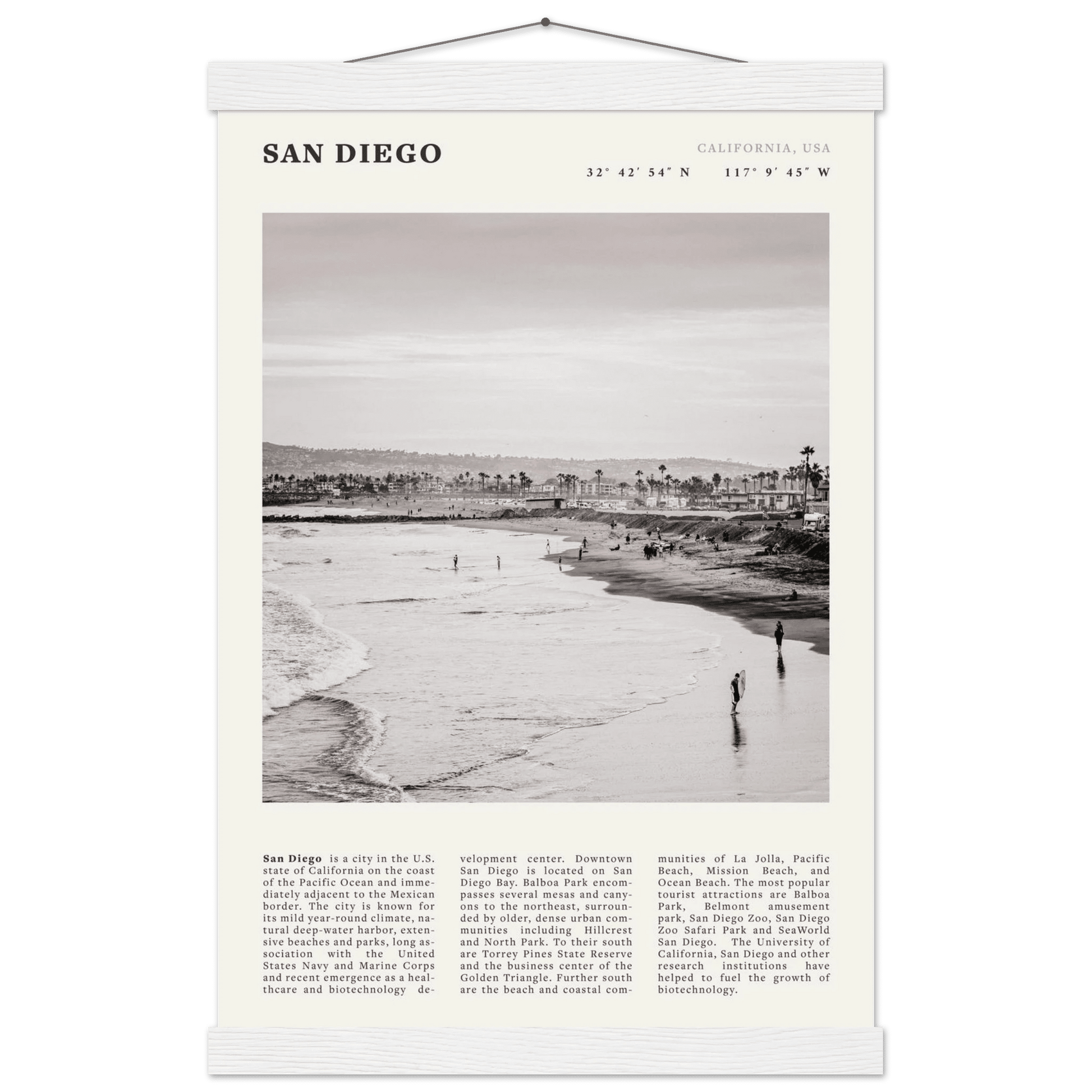 San Diego Poster | Black & White California Beach Wall Art | Coastal Travel Print Decor - Evergreen Posters