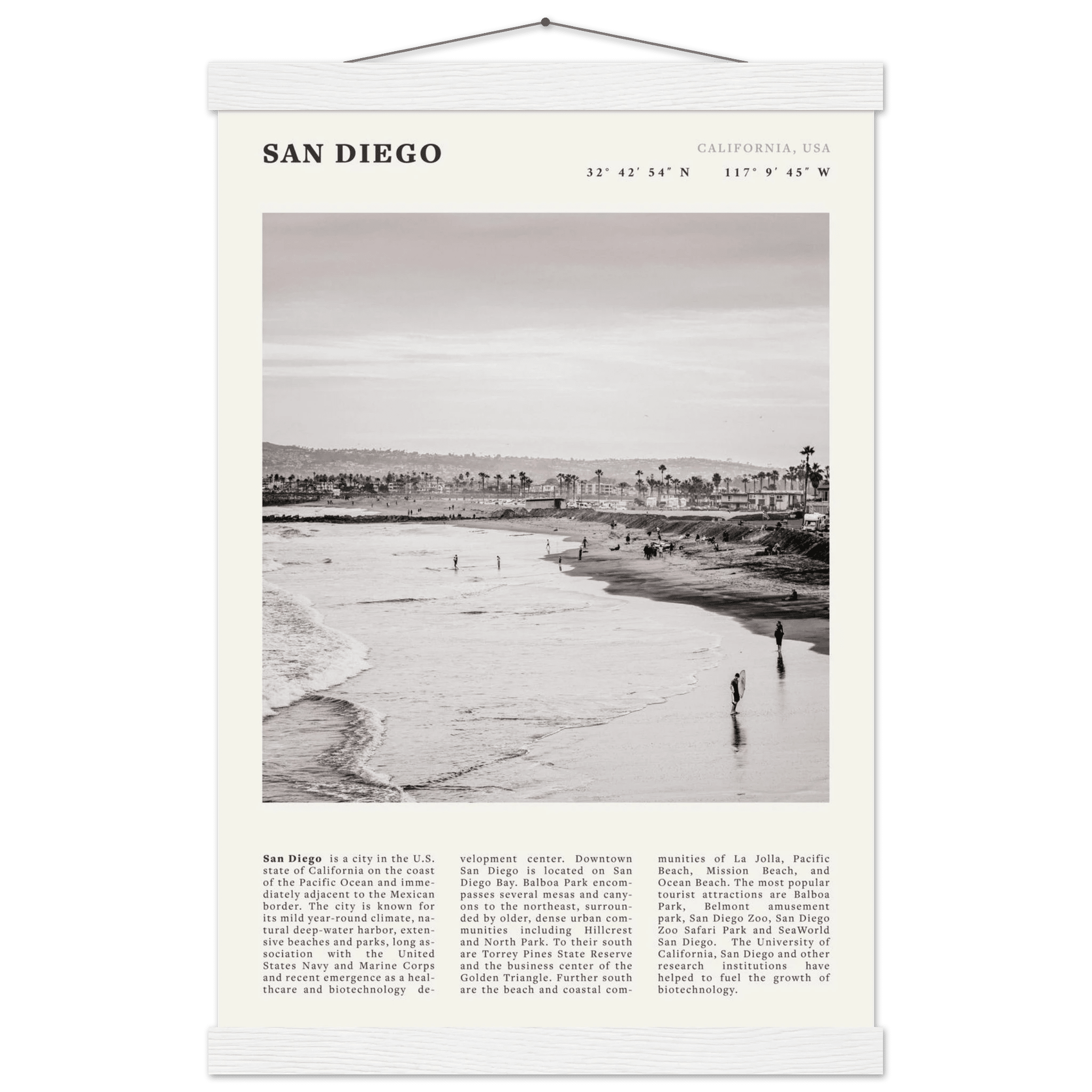 San Diego Poster | Black & White California Beach Wall Art | Coastal Travel Print Decor - Evergreen Posters