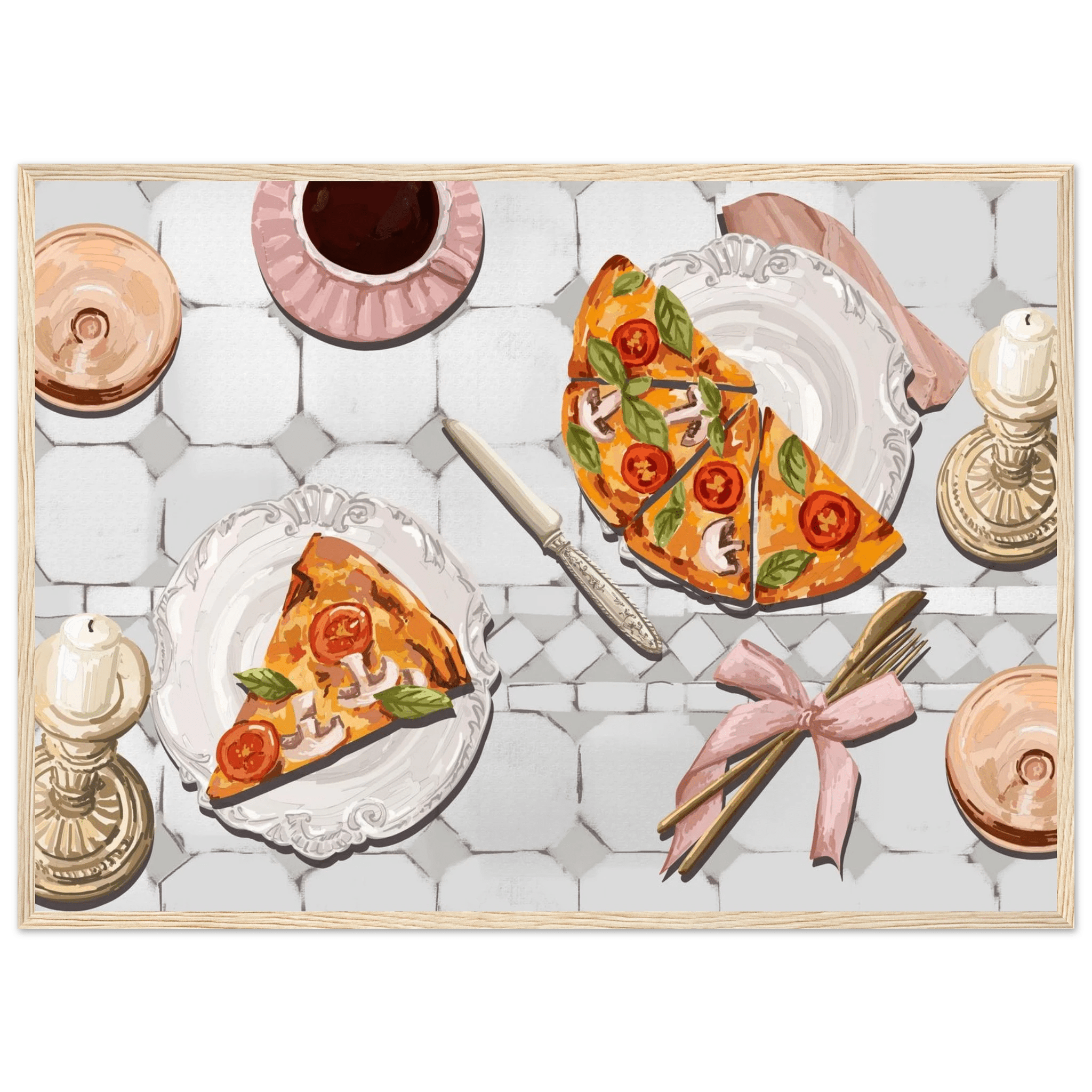 Pizza & Tea Kitchen Poster | Horizontal Food Wall Art | Italian Dining Room Print - Evergreen Posters