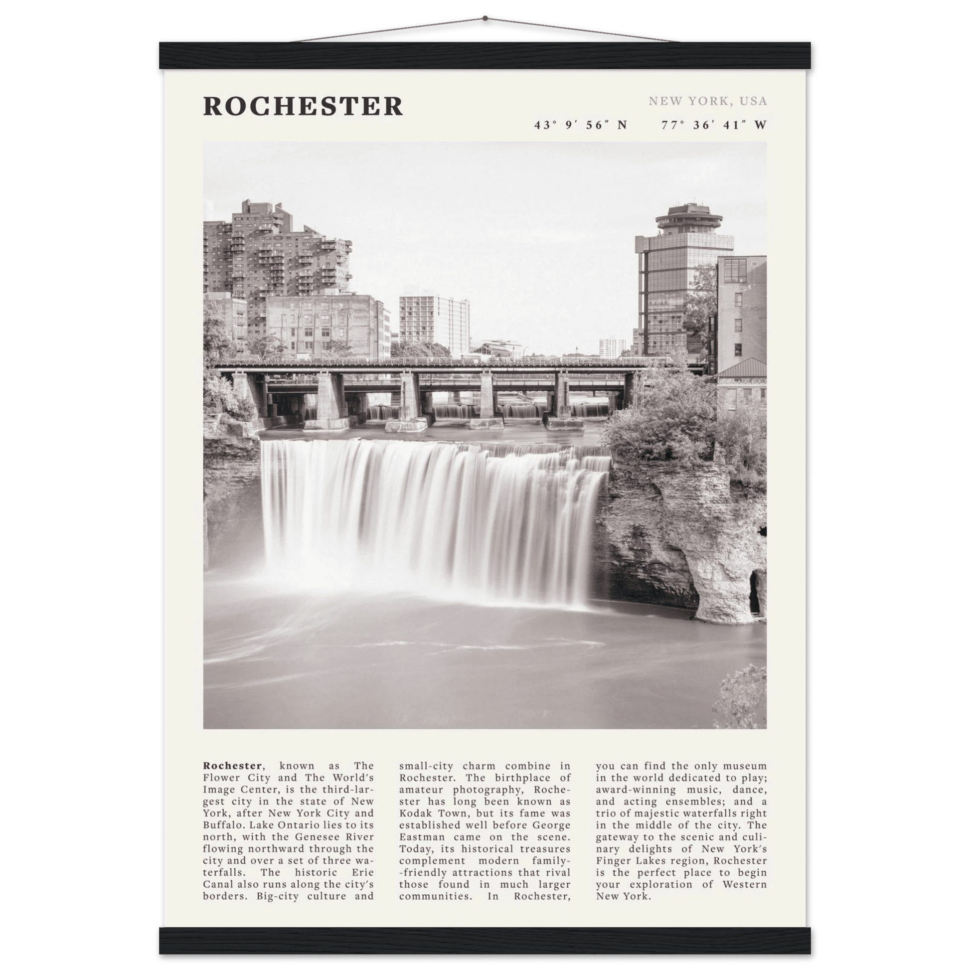 Rochester Poster | Black & White High Falls Wall Art | New York Travel Print - Evergreen Posters
