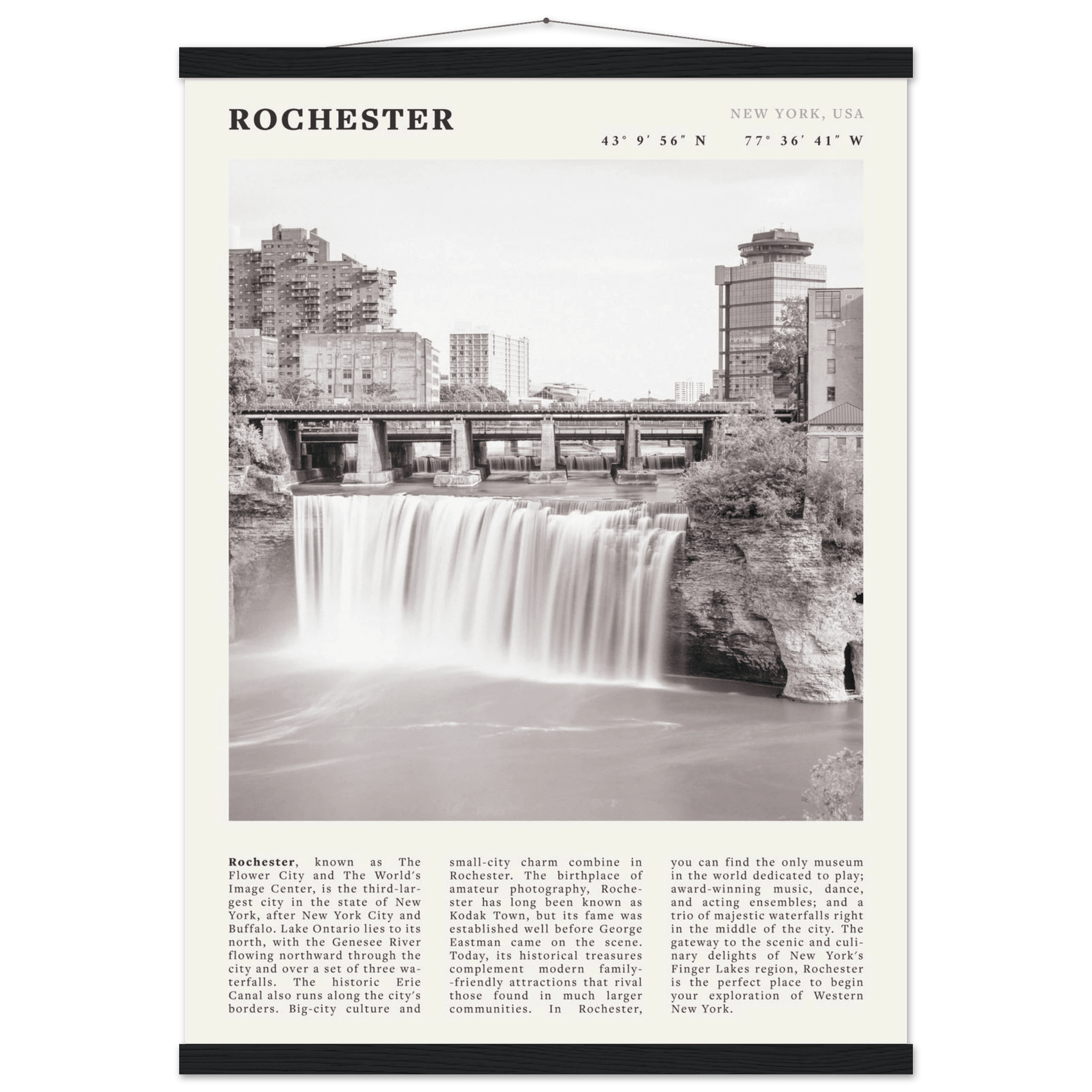 Rochester Poster | Black & White High Falls Wall Art | New York Travel Print - Evergreen Posters