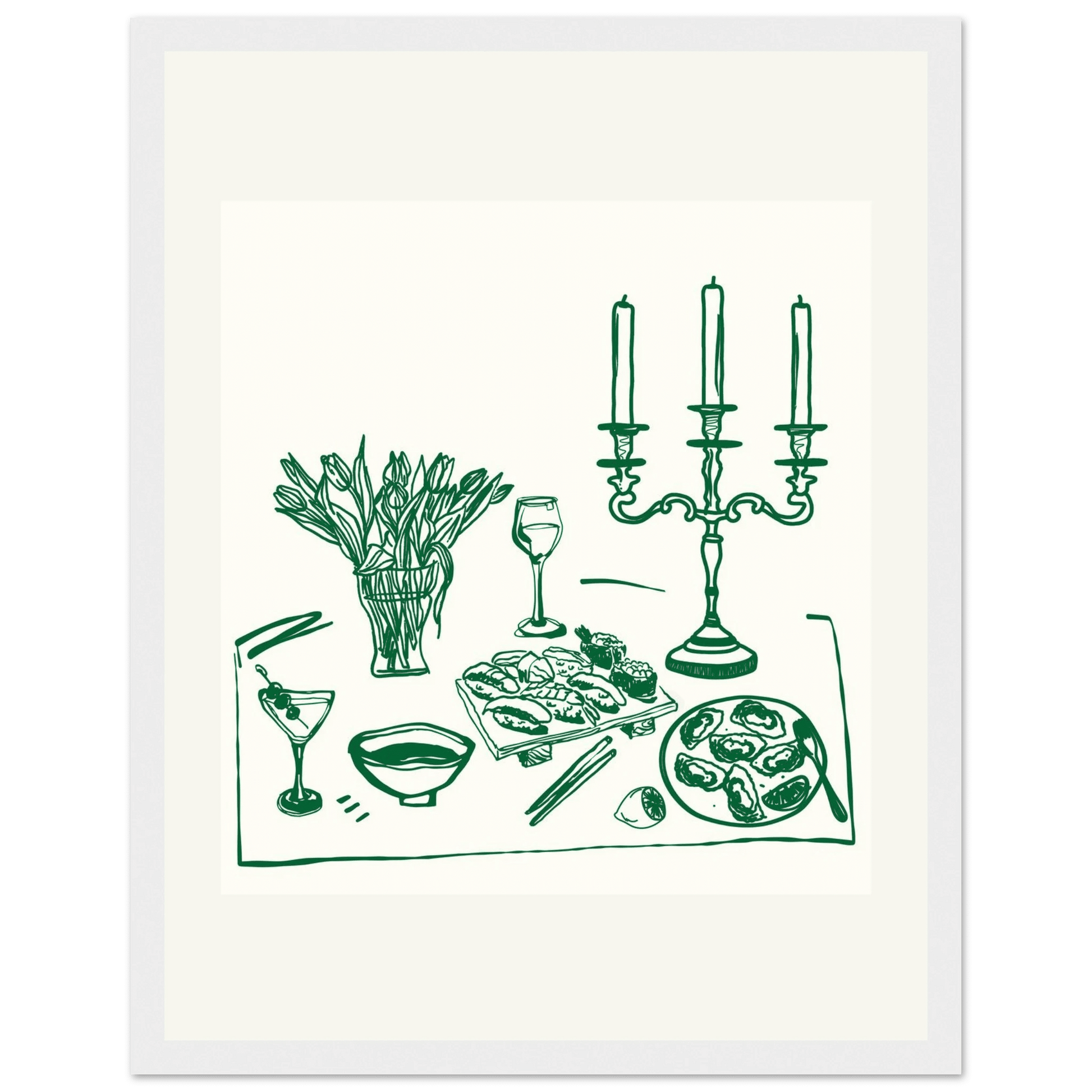 Fine Dining Table Print | Green Line Art Kitchen Wall Art | Elegant Dining Room Poster - Evergreen Posters