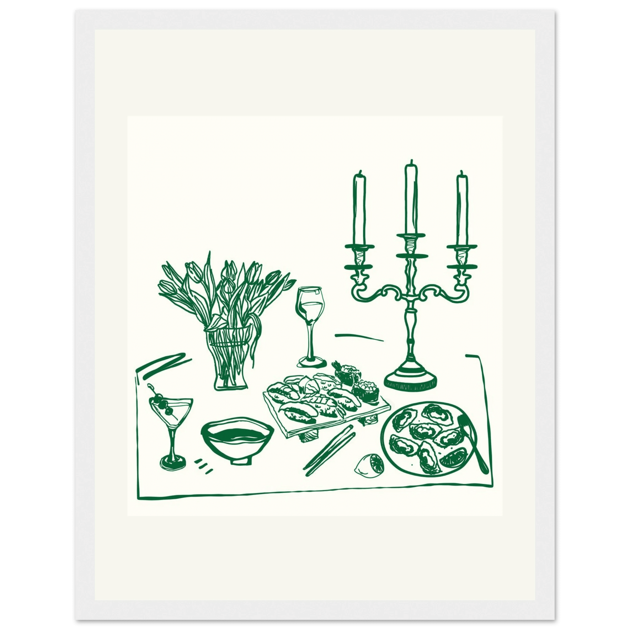Fine Dining Table Print | Green Line Art Kitchen Wall Art | Elegant Dining Room Poster - Evergreen Posters