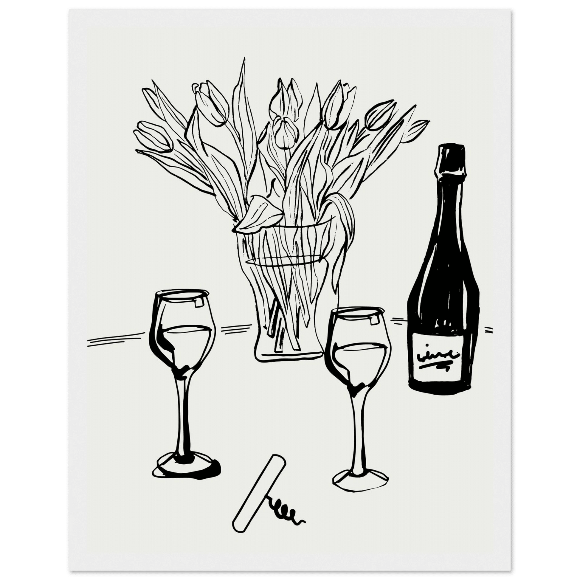 Wine & Tulips Print | Black Line Art Wine Bottle Wall Art | Minimalist Kitchen Poster - Evergreen Posters