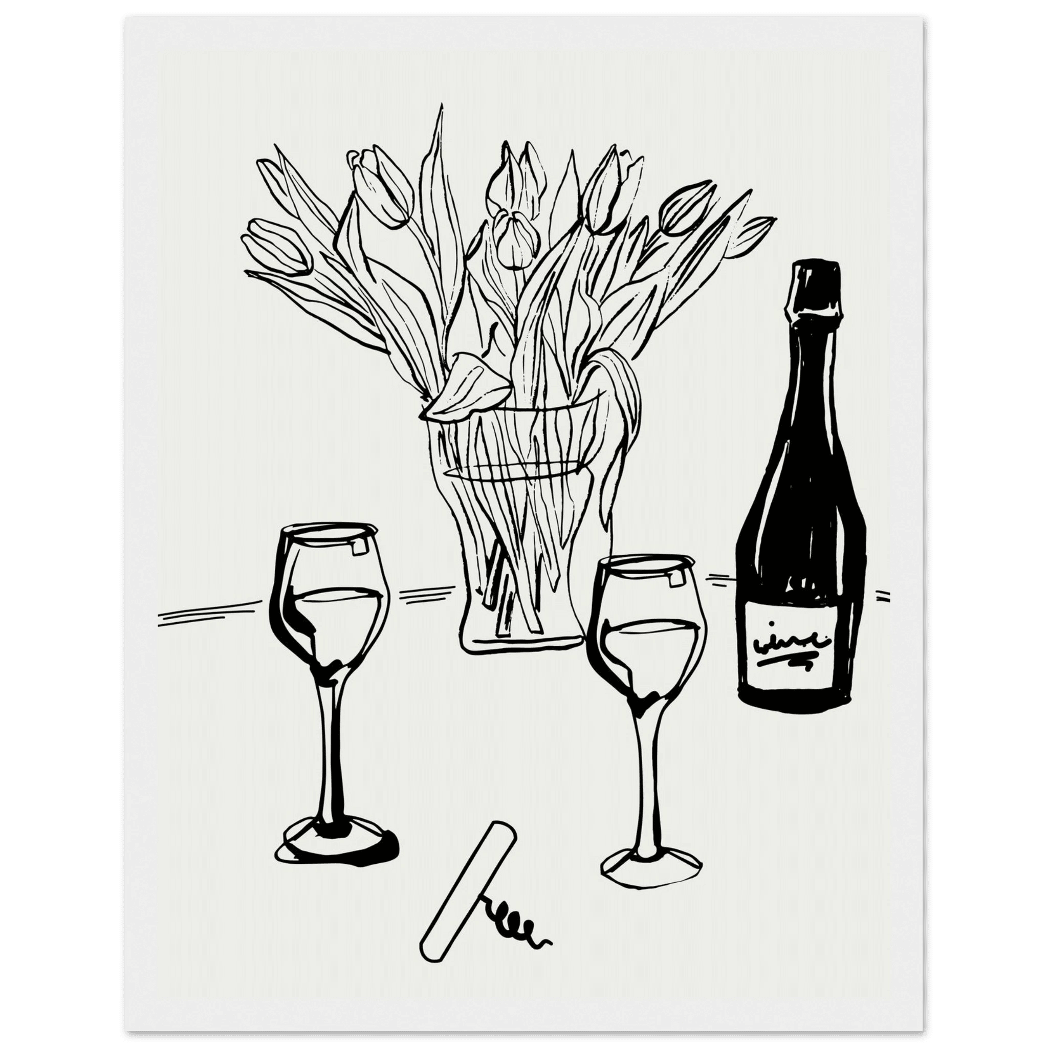 Wine & Tulips Print | Black Line Art Wine Bottle Wall Art | Minimalist Kitchen Poster - Evergreen Posters