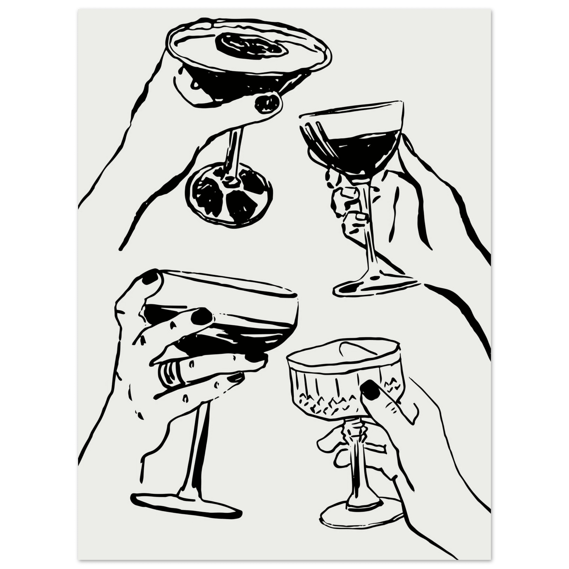 Cheers Print | Black Line Art Cocktail Glasses Wall Art | Kitchen Bar Poster - Evergreen Posters