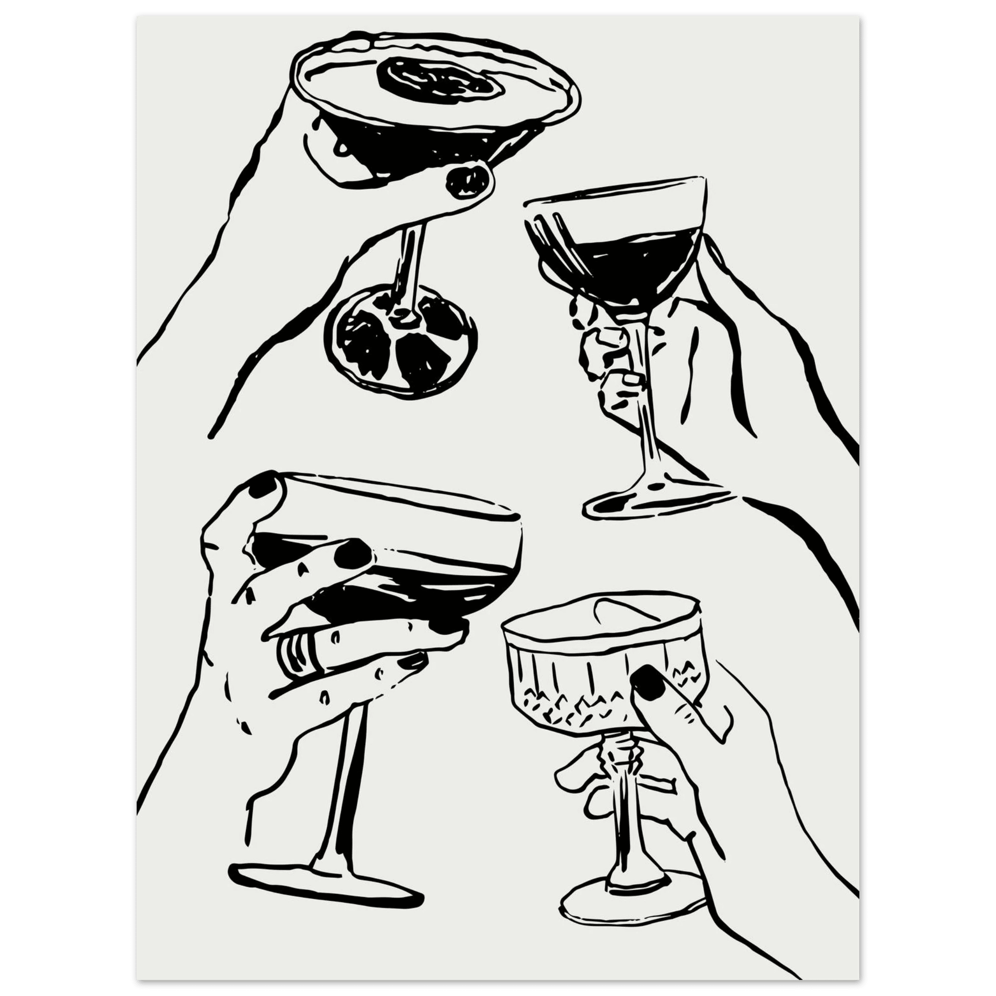 Cheers Print | Black Line Art Cocktail Glasses Wall Art | Kitchen Bar Poster - Evergreen Posters