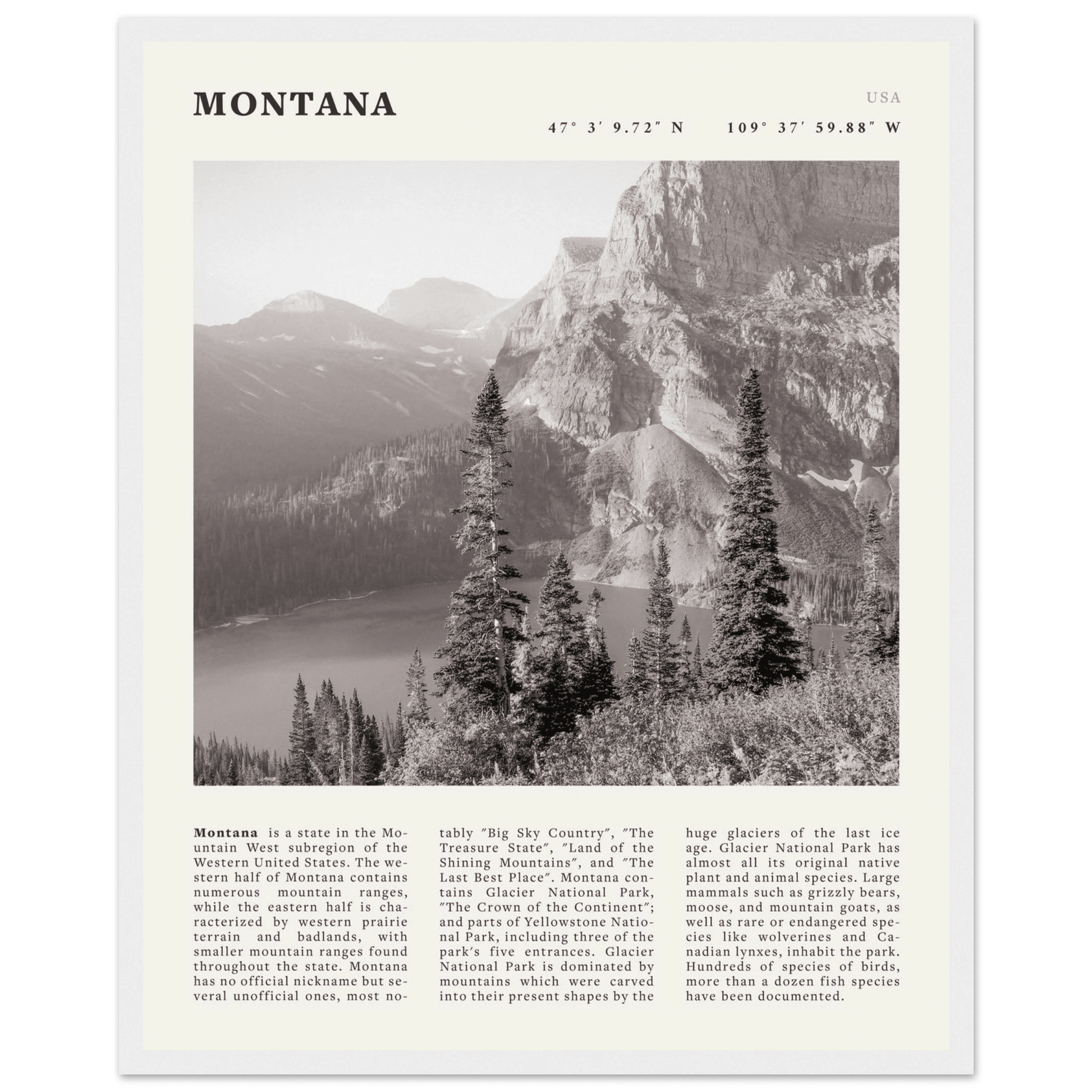 Montana Poster | Black & White Glacier National Park Wall Art | Nature Travel Print - Evergreen Posters