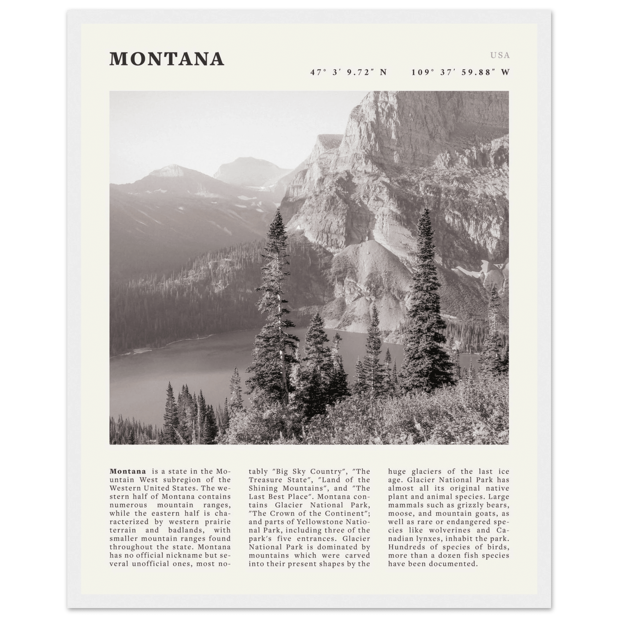 Montana Poster | Black & White Glacier National Park Wall Art | Nature Travel Print - Evergreen Posters