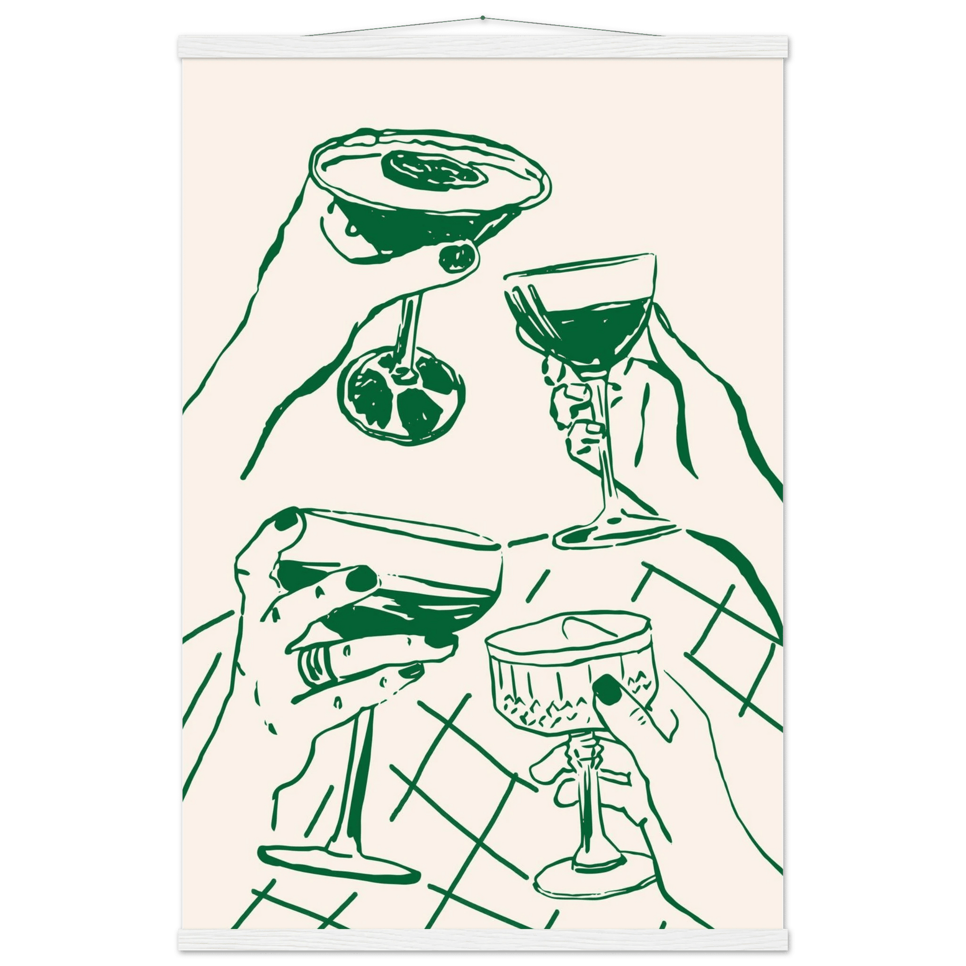 Cheers Print | Forest Green Cocktail Glasses Wall Art | Kitchen Bar Poster - Evergreen Posters