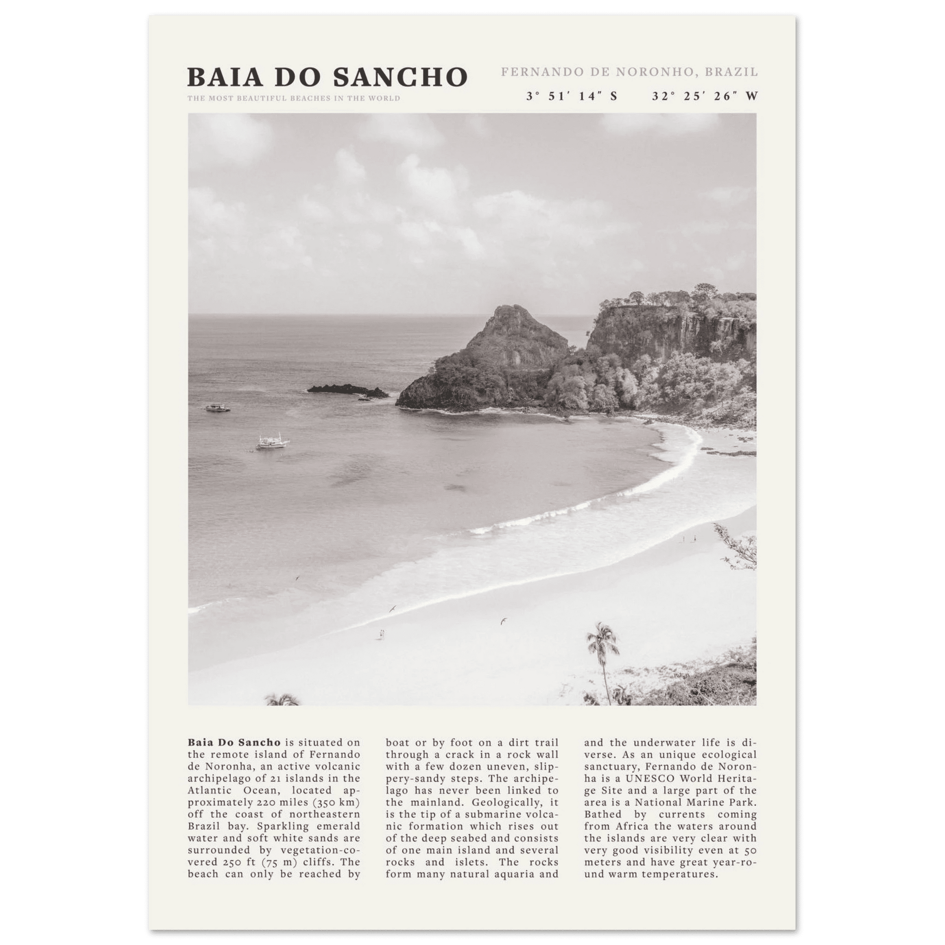 Baia Do Sancho Poster | Black & White Brazil Beach Wall Art | Fernando de Noronha - Evergreen Posters