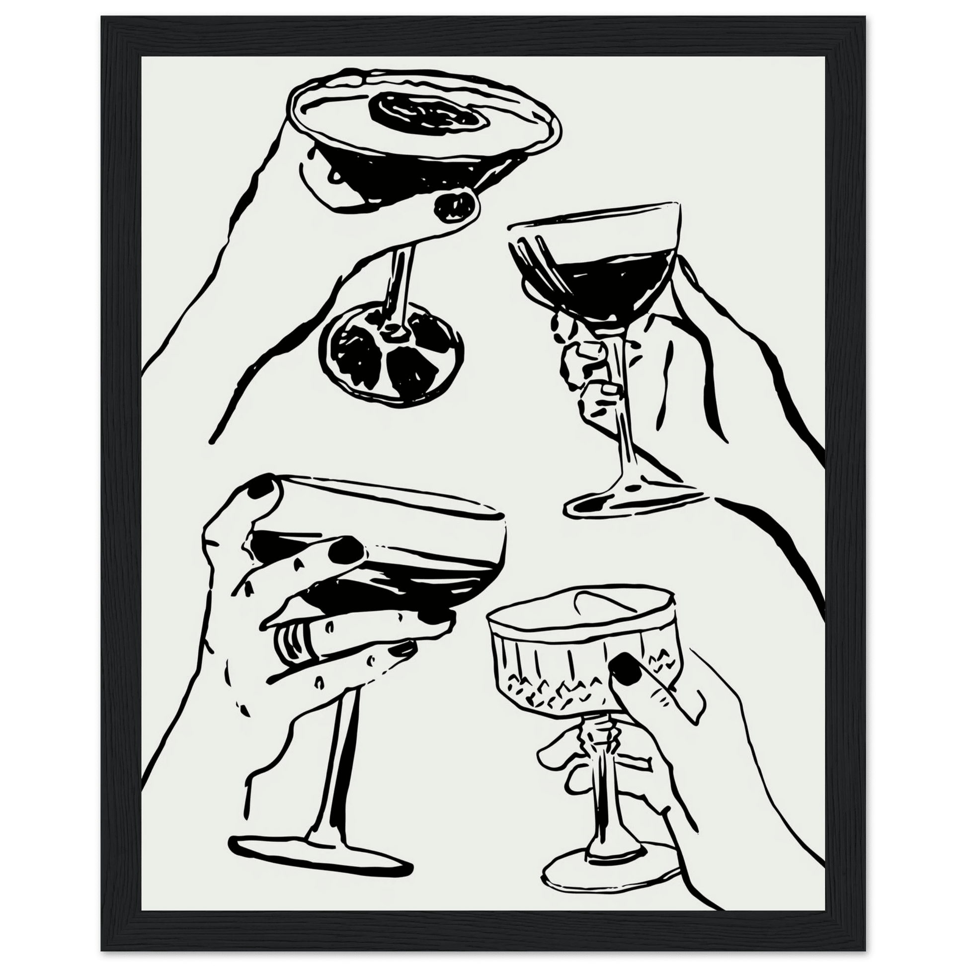 Cheers Print | Black Line Art Cocktail Glasses Wall Art | Kitchen Bar Poster - Evergreen Posters