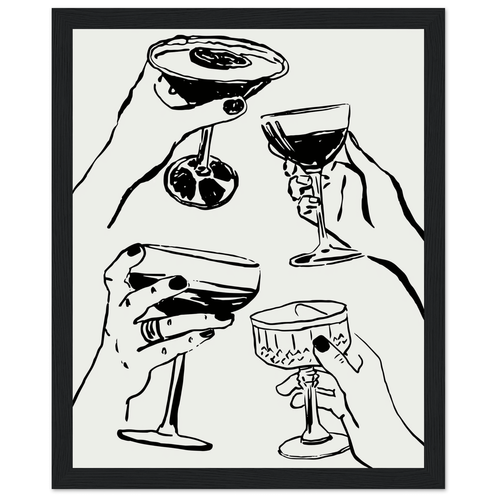 Cheers Print | Black Line Art Cocktail Glasses Wall Art | Kitchen Bar Poster - Evergreen Posters