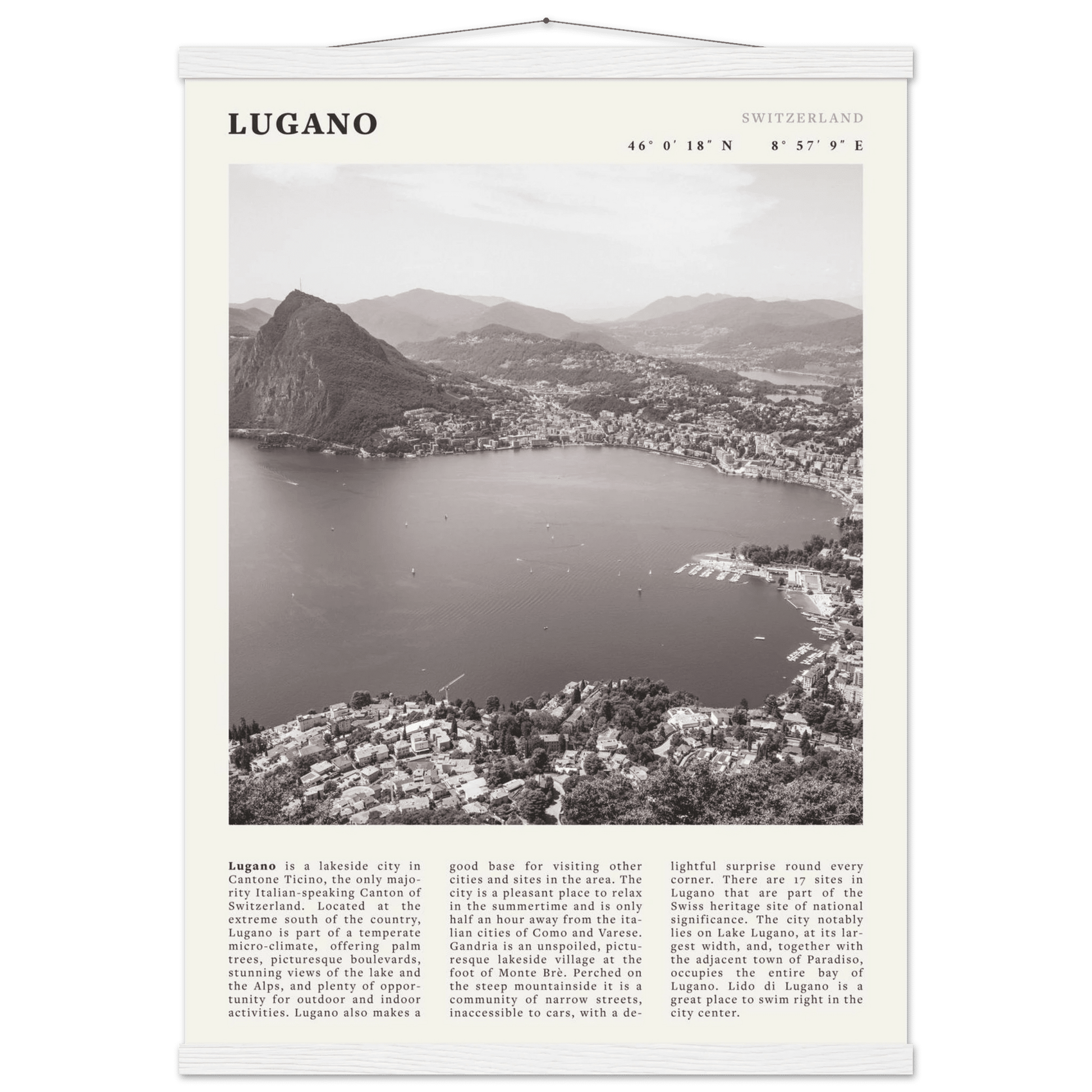 Lugano Poster | Black & White Swiss Lake Wall Art | Switzerland Travel Print - Evergreen Posters