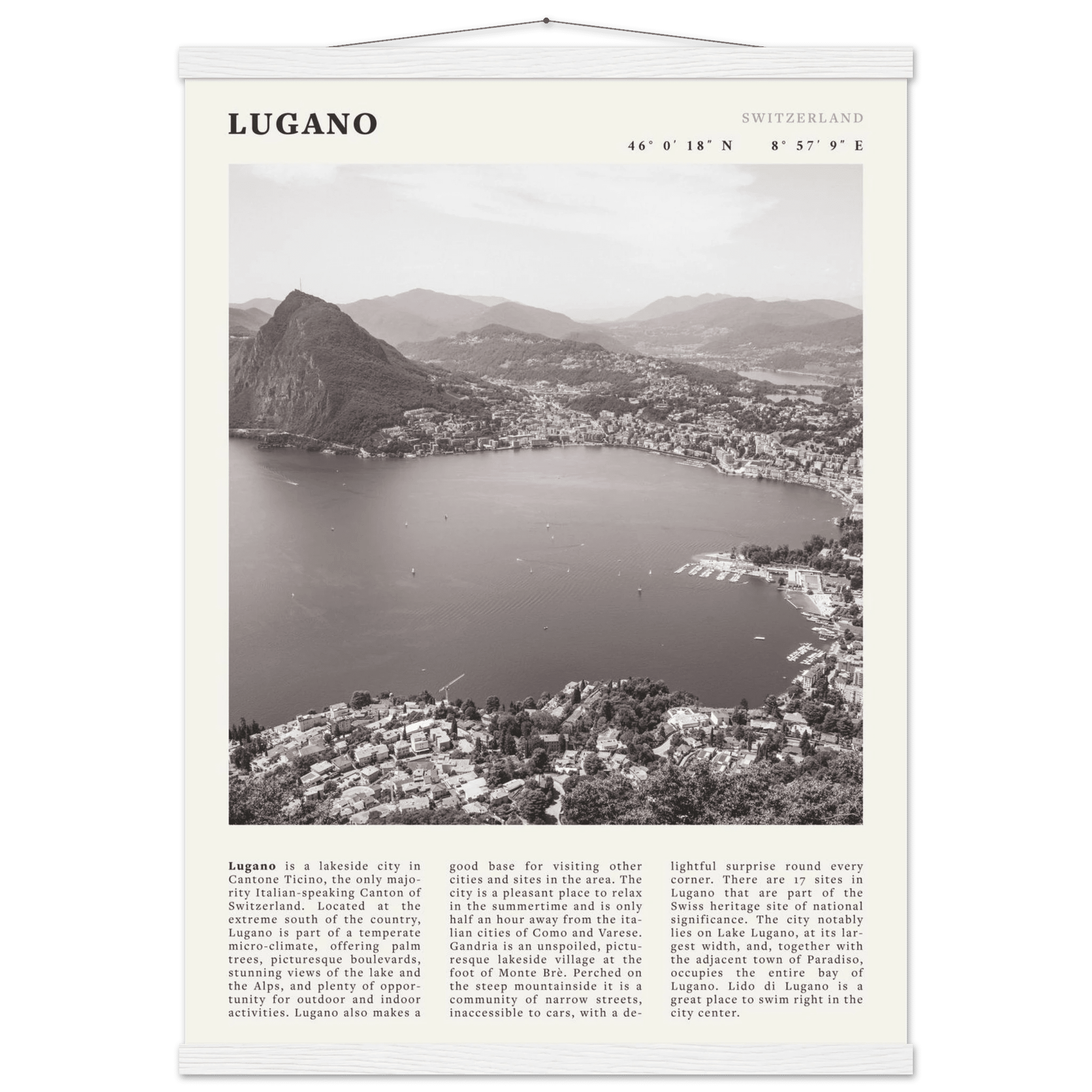 Lugano Poster | Black & White Swiss Lake Wall Art | Switzerland Travel Print - Evergreen Posters