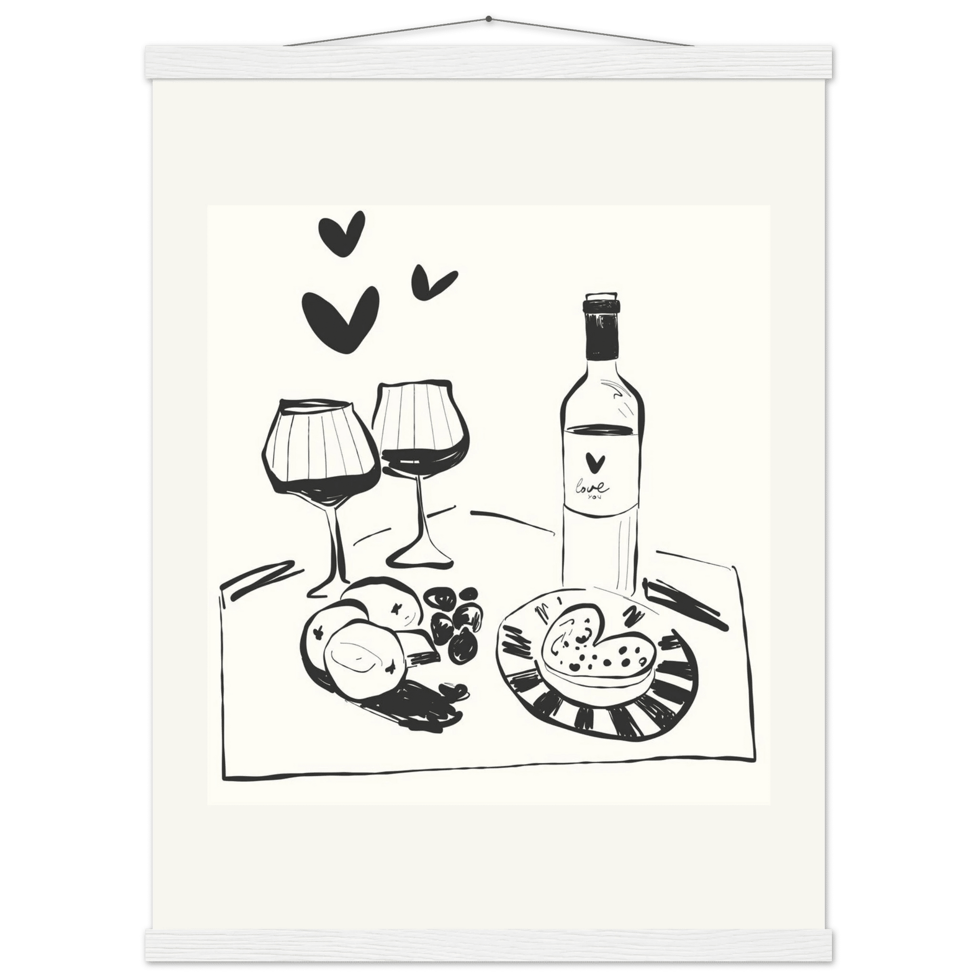 Wine for Two Print | Black Line Art Romantic Kitchen Wall Art | Couples Poster - Evergreen Posters