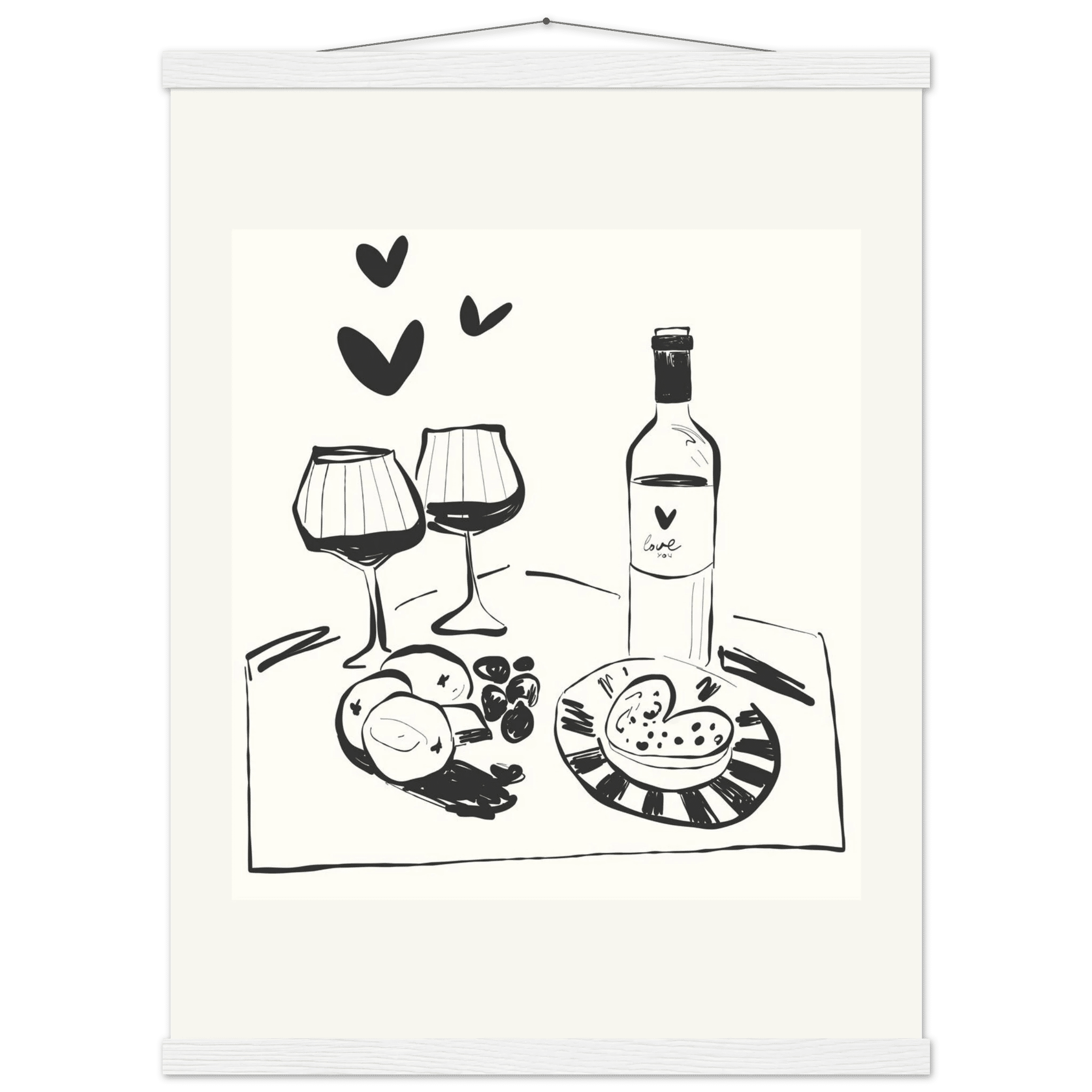 Wine for Two Print | Black Line Art Romantic Kitchen Wall Art | Couples Poster - Evergreen Posters