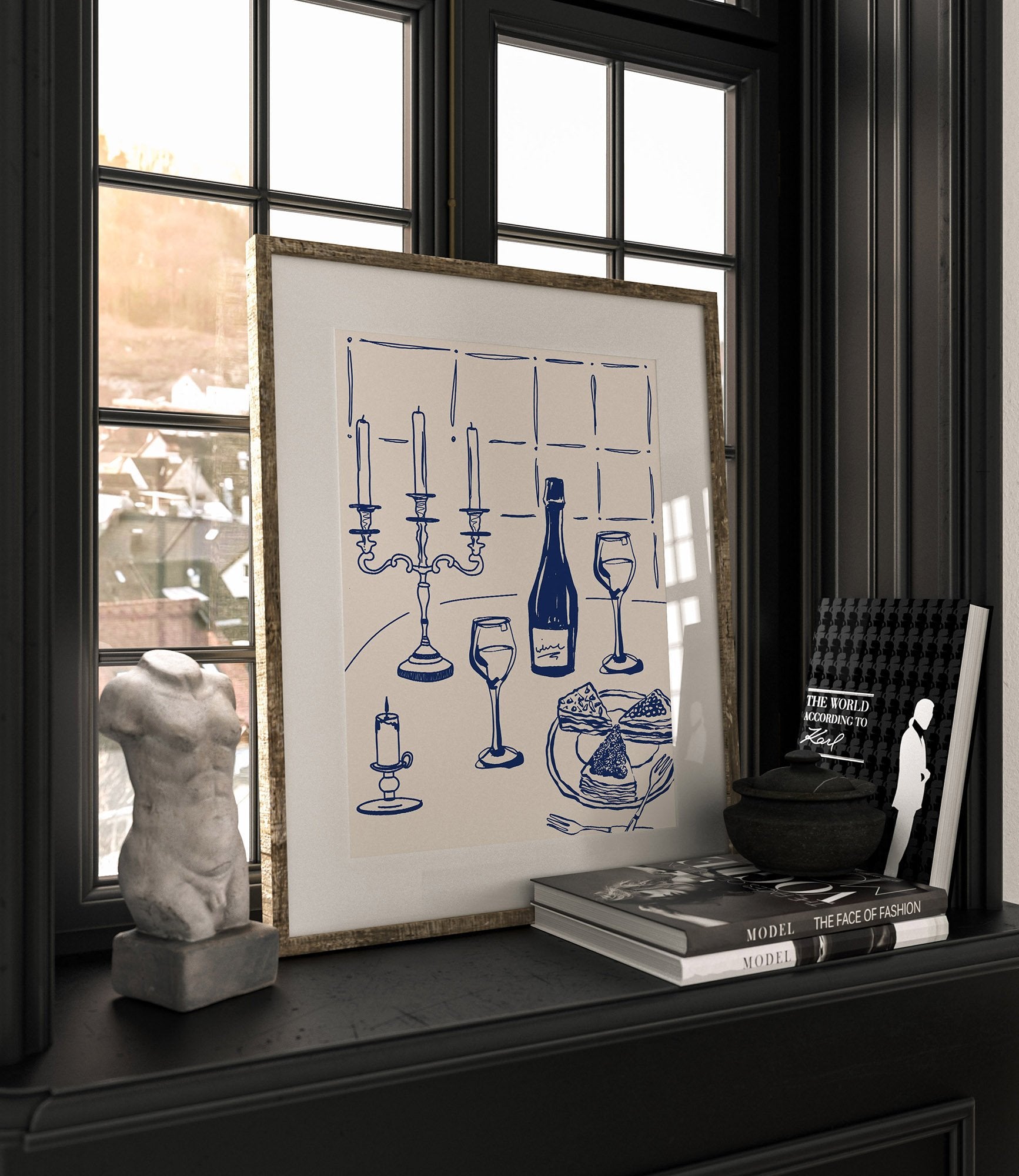 Candlelight Dinner Print | Navy Blue Wine & Candelabra Line Art | Kitchen Poster - Evergreen Posters