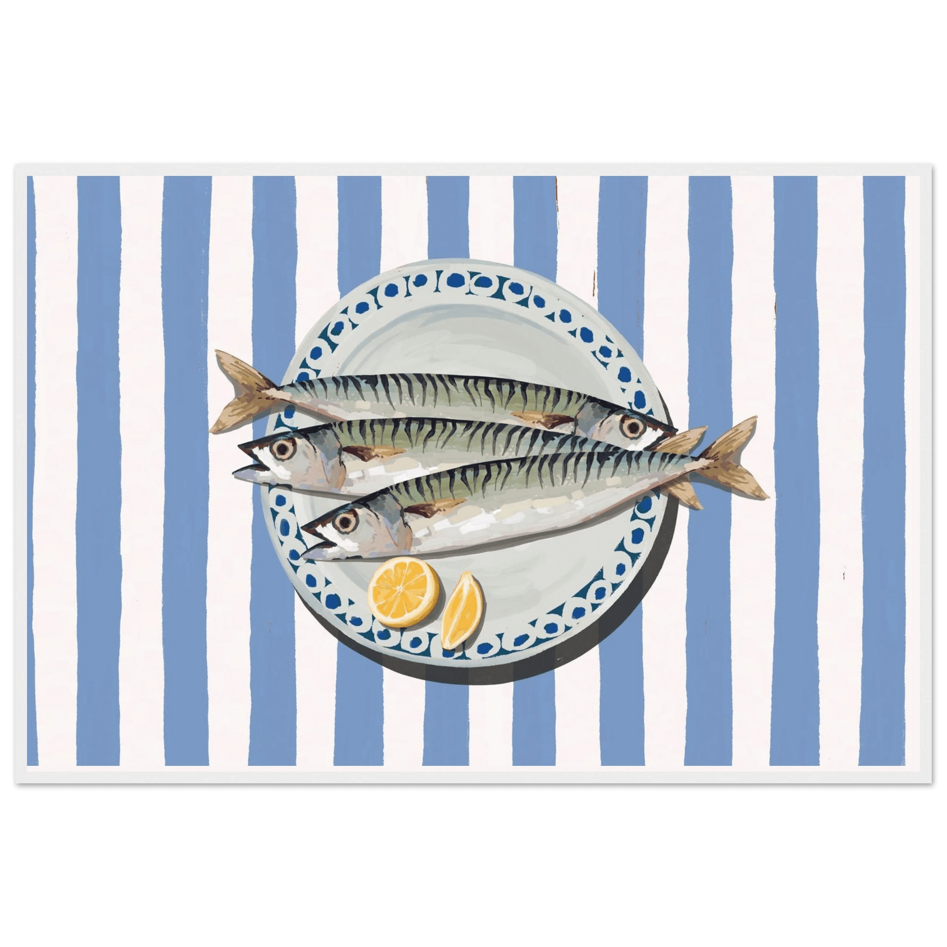 Sardines Print | Blue Stripe Fish Kitchen Wall Art | Coastal Food Poster - Evergreen Posters