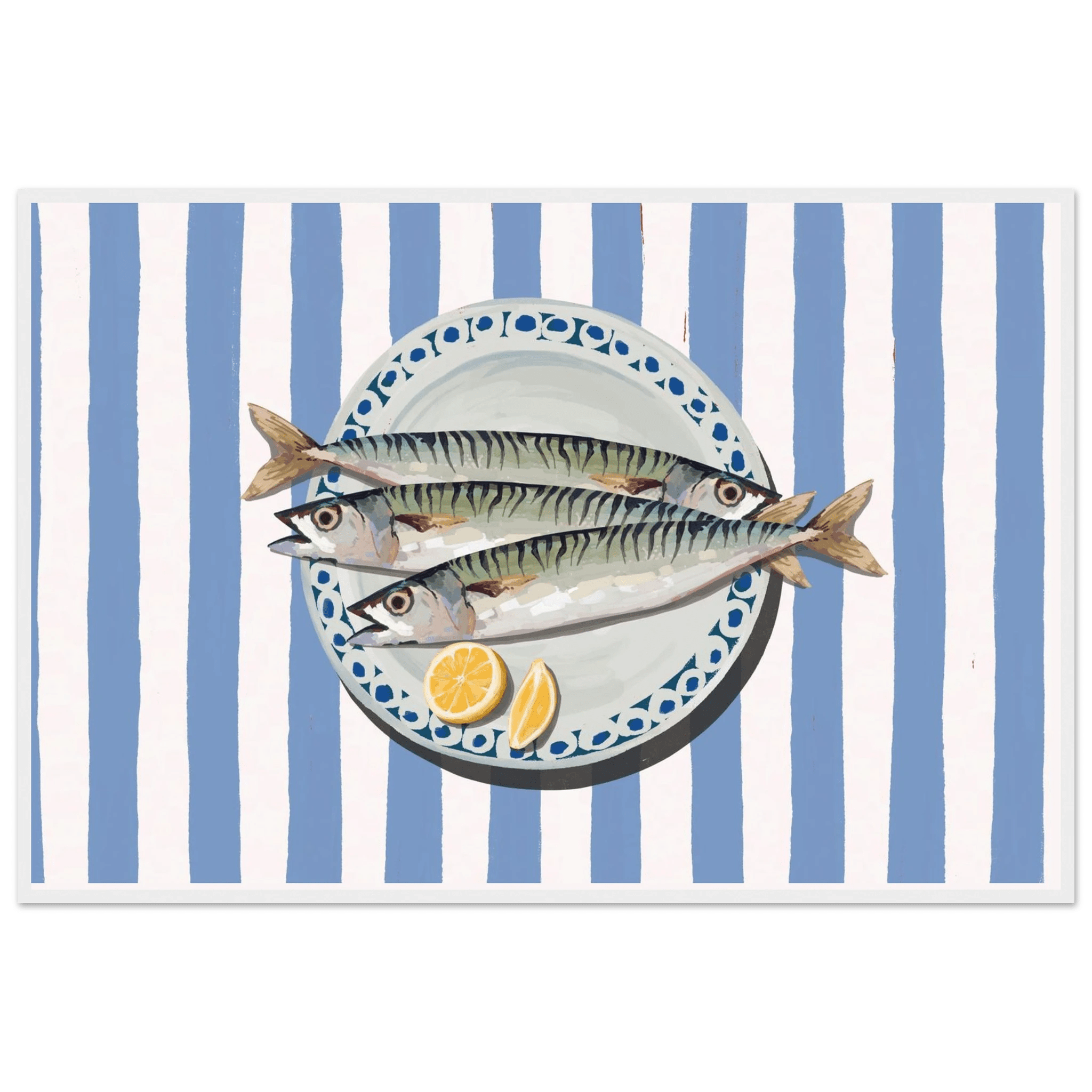 Sardines Print | Blue Stripe Fish Kitchen Wall Art | Coastal Food Poster - Evergreen Posters