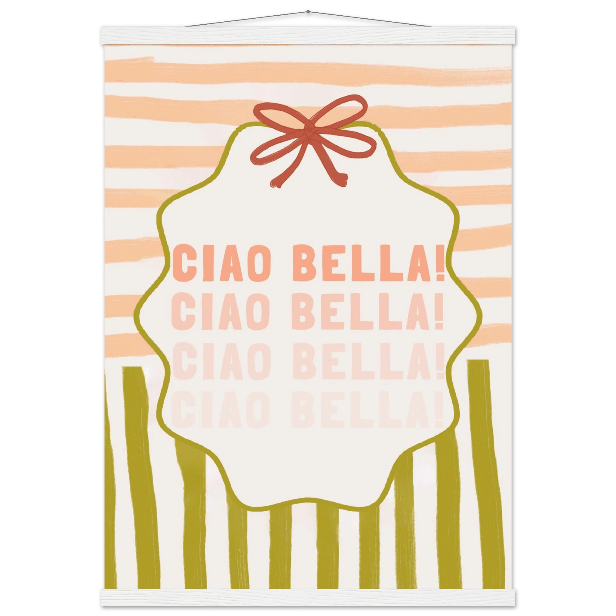 Ciao Bella Poster | Italian Typography Wall Art | Retro Stripe Bow Print | Cute Room Decor - Evergreen Posters