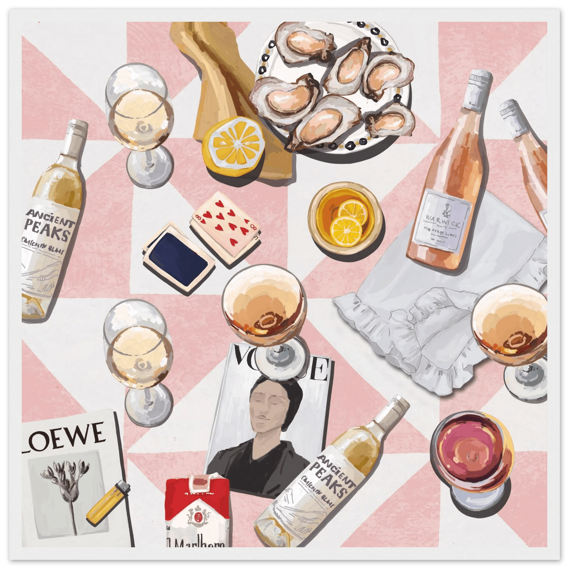 Vogue Oysters & Rosé Poster | Dopamine Decor Luxury Wall Art | Pink Tile Square Print - Evergreen Posters