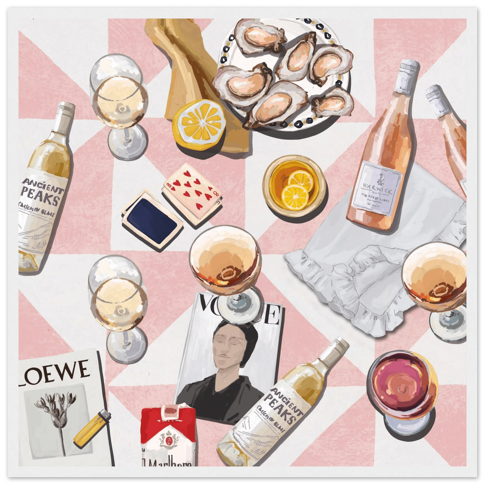 Vogue Oysters & Rosé Poster | Dopamine Decor Luxury Wall Art | Pink Tile Square Print - Evergreen Posters