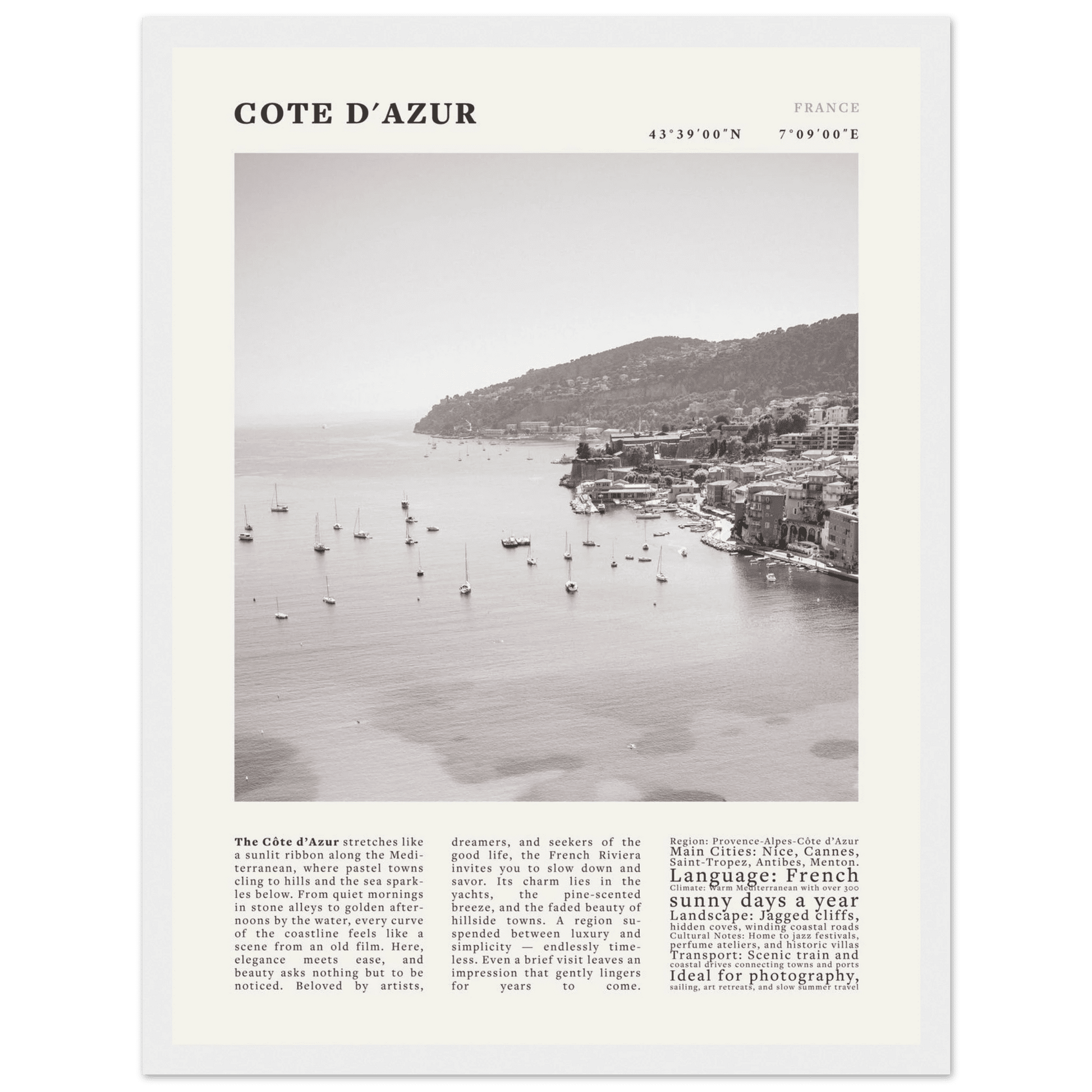 Côte d'Azur Poster Black and White – Vintage French Riviera Coast Print (Digital & Printed Options) - Evergreen Posters