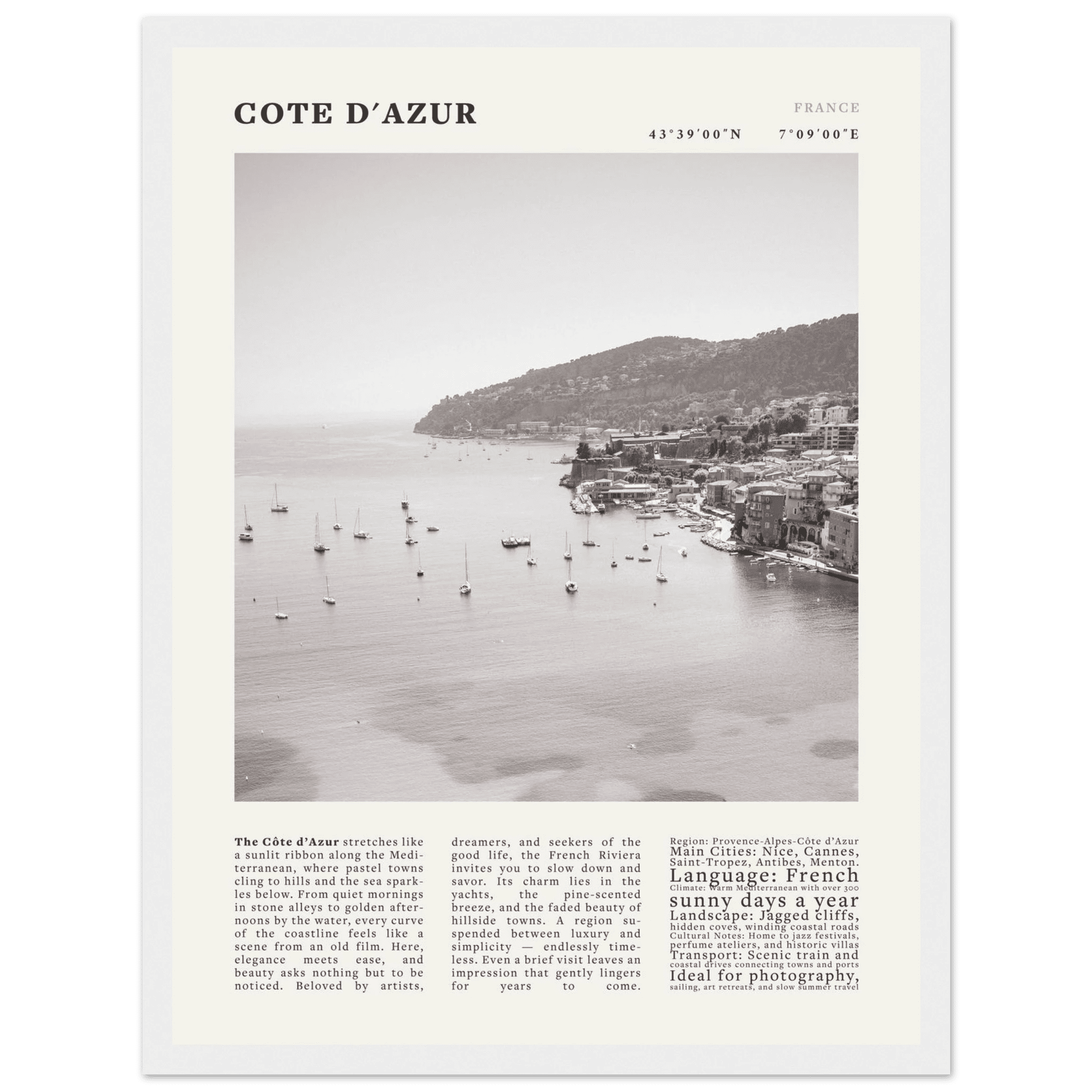 Côte d'Azur Poster Black and White – Vintage French Riviera Coast Print (Digital & Printed Options) - Evergreen Posters
