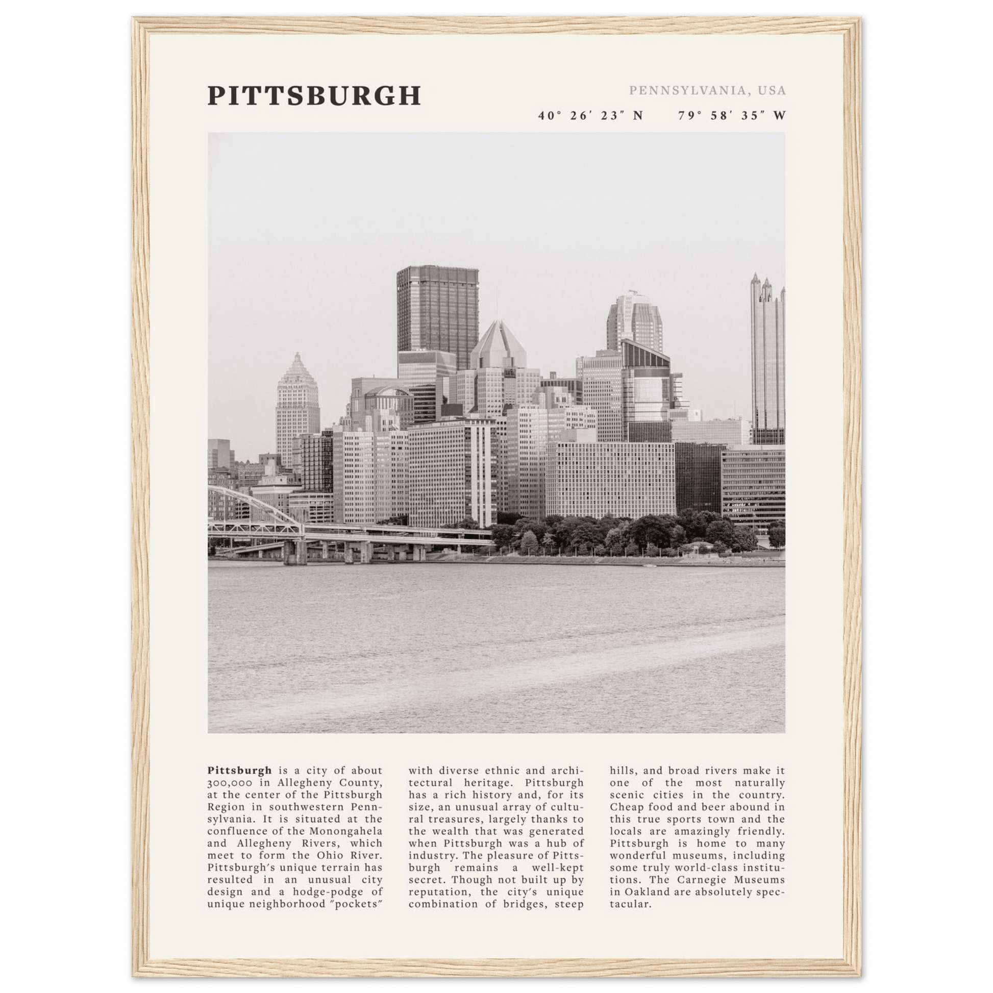 Pittsburgh Poster | Black & White Pennsylvania Skyline Wall Art | PA Travel Print - Evergreen Posters