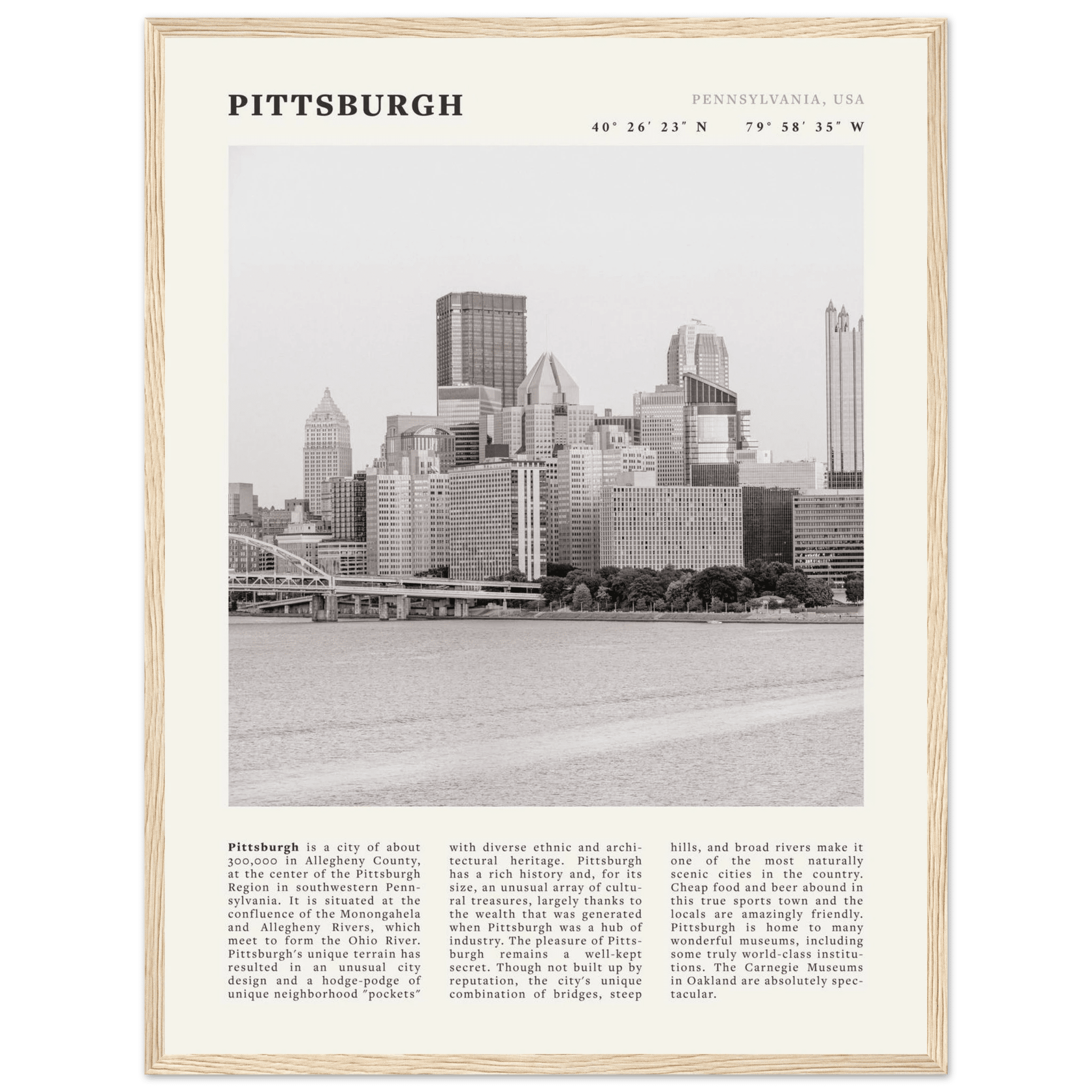 Pittsburgh Poster | Black & White Pennsylvania Skyline Wall Art | PA Travel Print - Evergreen Posters