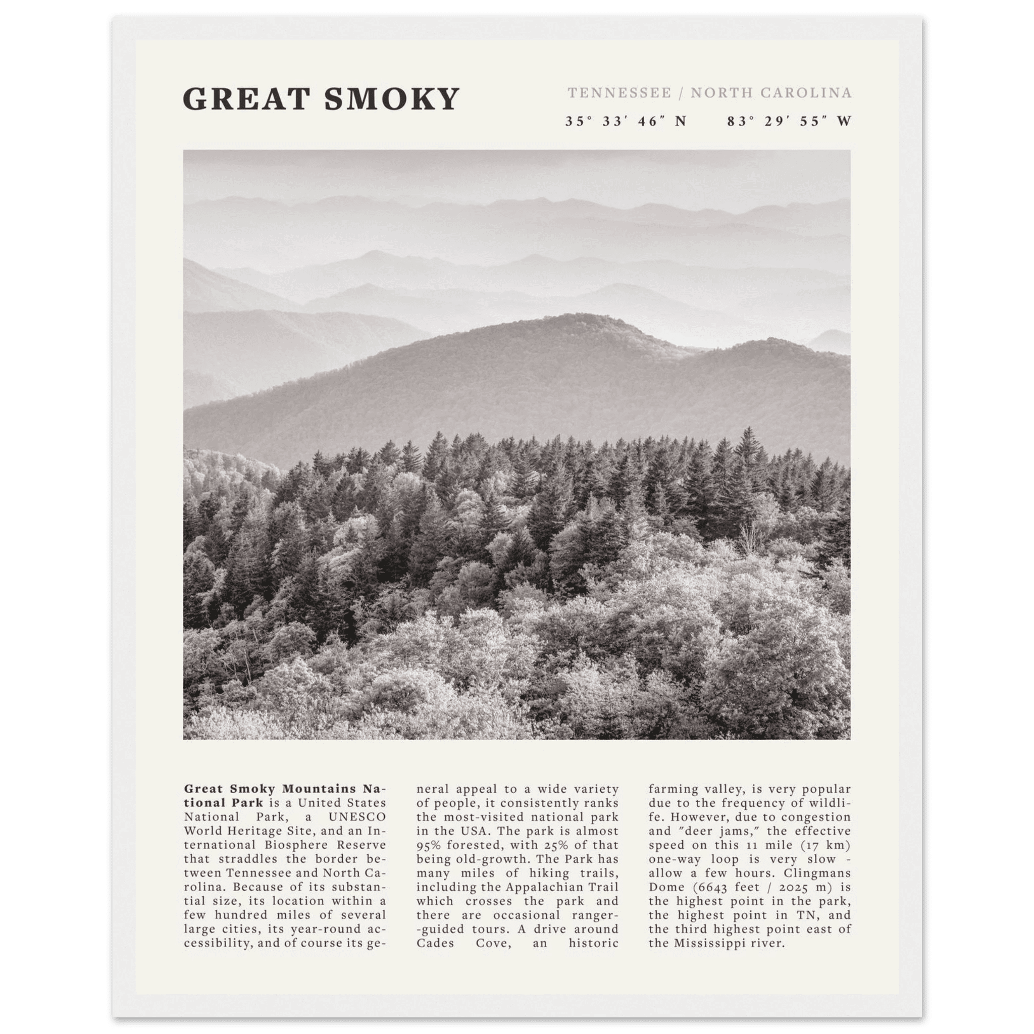 Great Smoky Mountains Poster | Black & White National Park Wall Art | Tennessee Print - Evergreen Posters