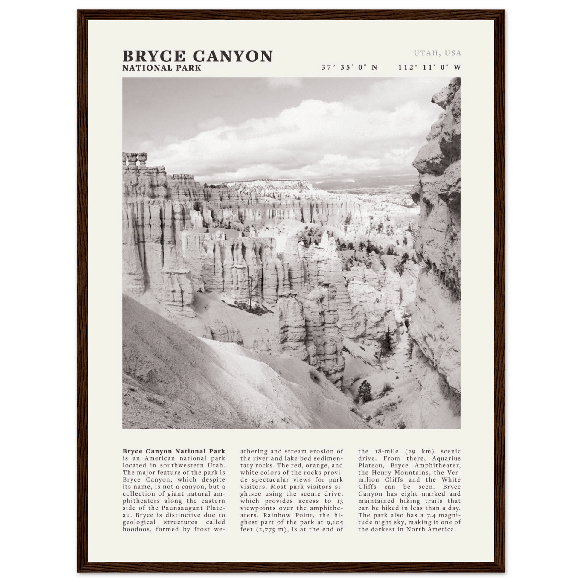 Bryce Canyon National Park Poster | Black & White Utah Hoodoos Wall Art Print - Evergreen Posters - 31